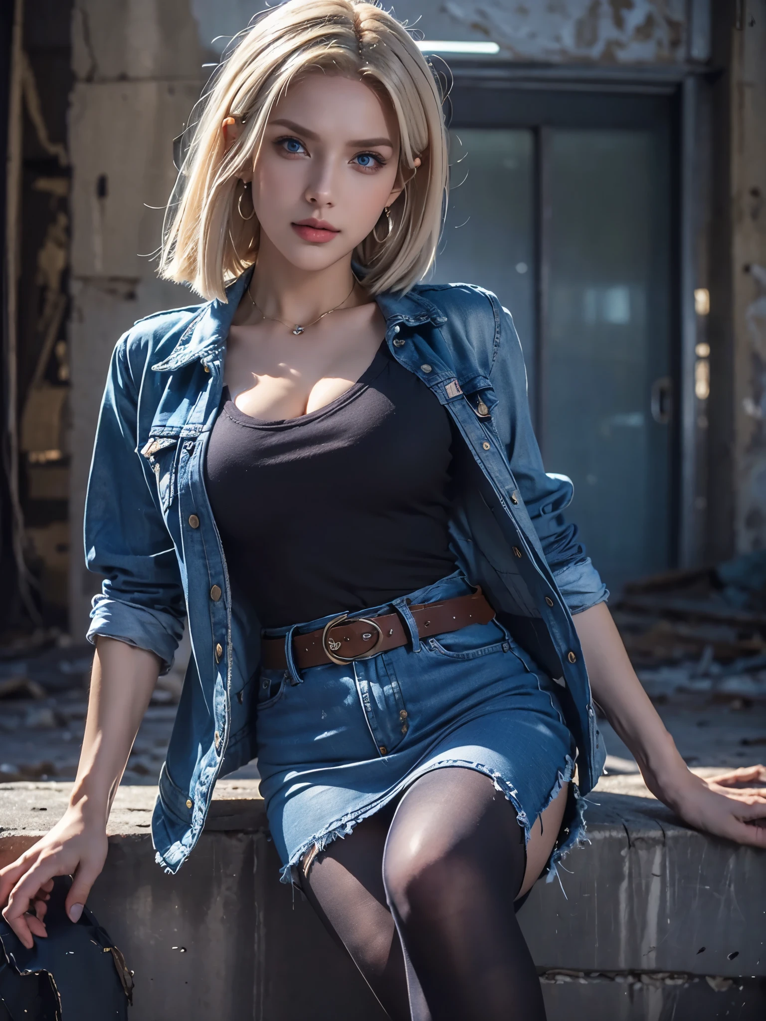 masterpiece, high resolution, 8,000,( Portrait Photos:1.5),(R Original Photo),Reality,Digital Photography,(Ruins of the Apocalypse ),City ruins,Single,Enjinight, 1girl , Android 18, Alone, blonde hair, pantyhose, Denim skirt, skirt, denim, blue eyes, belt, black tanktop, realistic, earrings, Pearl Necklace , denim jacket, clenched hands, short hair, striped, striped sleeves, black pantyhose, shirt, breasts, striped shirt, jacket,close-up