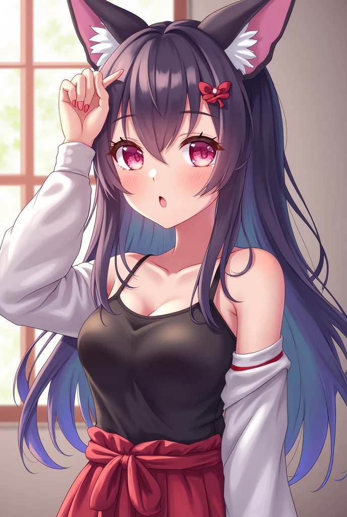 Character Details:, - Gender: 1 Girl. - Style: Anime, - Body Type: Attractive body, slim body, nice legs, slim tights, nice arms, nice shoulders. - Breast: Small Breast - Facial Features: Beautiful, Gorgeous, Teenager, Fresh, Young. - Expression: Smile, Pink Blush on Face, Sexy Eyes, Sexy Look, Innocent Look., - Hairstyle: Blunt Bangs, Long Hair. - Hair Color: Dark Purple Hair. - Clothing: Off Shoulder Sabrina Cotton. - Body Pose: Sitting. - Behaviour: Waiting, Want Something, Secretly. - Accessories: Earrings., Environmental Details:, - Setting: Office Room., - Lighting: Natural Light., - Decoration: Modern Office Desk, Chair, Window, White Curtain, City View., pov, anime style, UHD, retina, masterpiece, accurate, anatomically correct, textured