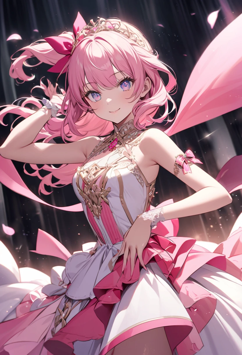 A pink haired woman with violet eyes with an hourglass figure in a ballet uniform with her hair in a bun is posing in a flurry of peony petals with a big smile