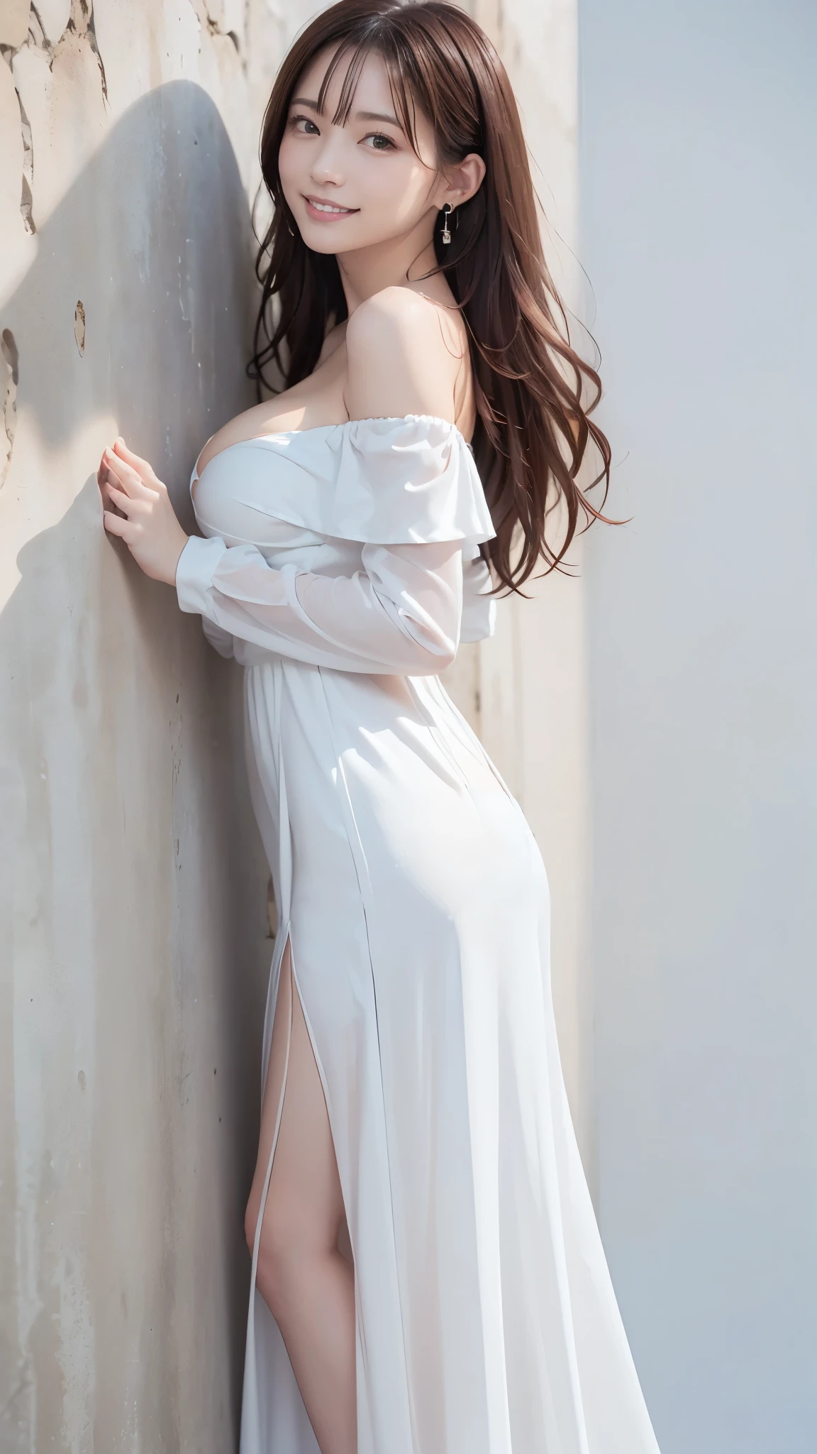 top quality, Masterpiece, Ultra High Resolution, High Definition RAW Color Photos , pro pics, natural skin texture, fine skin, hyperrealism, smiles,Earrings,(dark blonde long curly hair),gigantic breasts,((Pretty shiny off-shoulder cleavage long dress, BIG SLIT ,(white minimal background,Behind the wall),from side)),(Leaning forward quite a bit,arms front)