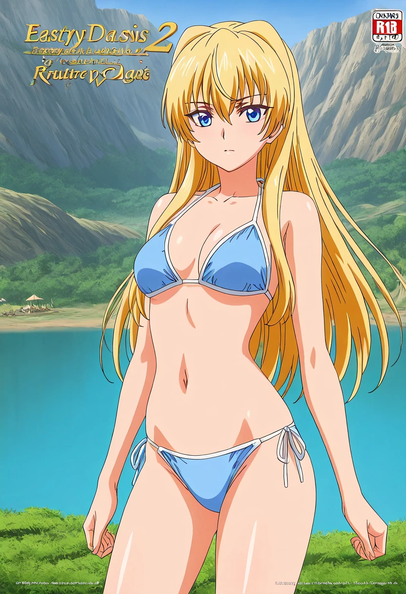 a woman in a bikini top and panties standing on a beach, anime girl named lucy, anime best girl, blonde anime girl with long hair, full body close-up shot, asuna yuuki, anime goddess, seductive anime girl, anime hi-fructose, nami from one piece, female anime character, sfw version, rei hiroe, in the anime film