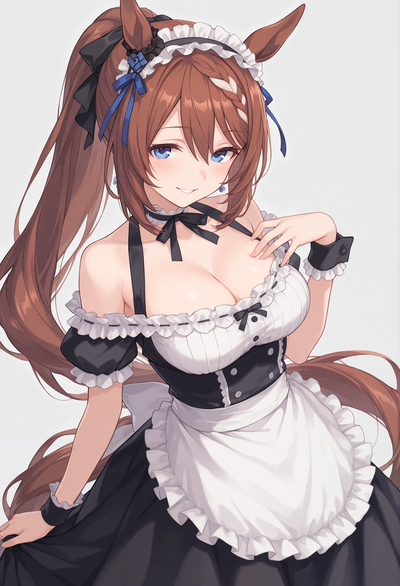 {{{Racecourse:1.6}}} {{{ 【 focuses on the upper body :1.5}}},( high resolution),( high resolution), ( unity 8k wallpaper),( detailed image ), {{{Type Moon :1.7}}},((draw:1.5)), Super Creek \{{{Uma Musume\}}}, ,{Detailed image of the earring on the right },{ seductive smile} \( Uma Musume\),
,{{{ Long Skirt Maid Outfit}}},{{} off-shoulder tops that show your chest}}},{{}crazy smile,l}}},{{{ ponytail}}},{ cleavage},{,{{{ apron}}} {{{wearing a メイド服 with an apron over it}}}