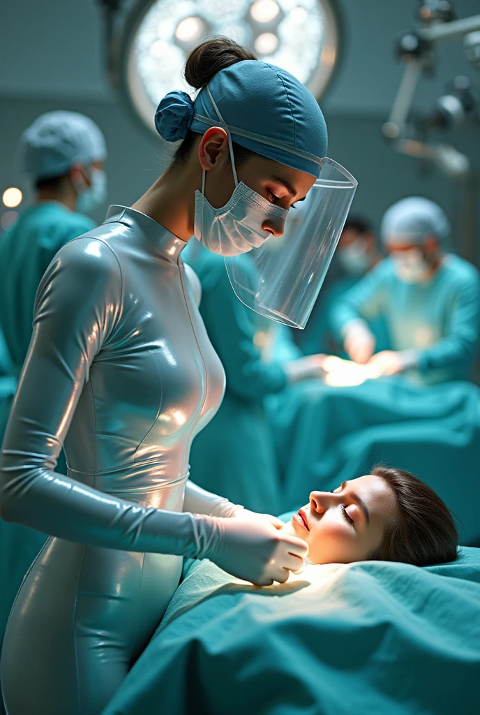 20 year old female lying on medical stretcher pushed by group of masked female scientists in latex bodysuits down hallway, passed out. unconscious. sleeping. brunette hair. disheveled white satin sleeveless blouse and pleated skirt.