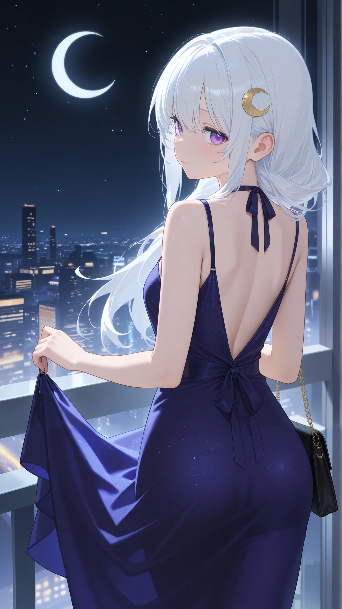 (SFW), masterpiece, best quality, highres 64k, professional artwork, famous artwork, clean, cinematic lighting, beautiful eyes + detail, beautiful hair + detail, 1girl, (sexy young female body:1.4), (beautiful small breasts), lactation, happy:1.3, smile:1.3, sexy looking at the viewer,  sexy lips, floating hair, miorine2, 1girl, miorine rembran, hair bun, solo, grey hair, sleeveless dress, ahoge, grey eyes, blue dress, hair between eyes, bangs, bare shoulders, jewelry, medium breasts, cleavage,  outdoor, city,  at night, under the big moon,   <lora:miorineRembranMobileSuit_v10:0.75>