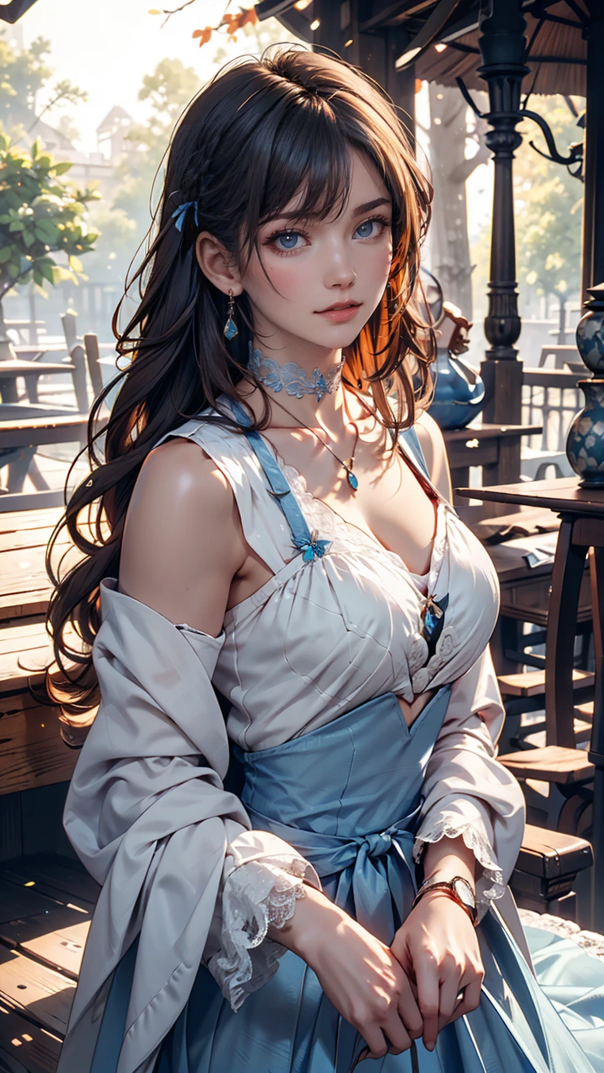 run away (chainsawman), Best quality at best, ultra - detailed, 1个Giant Breast Girl, Alone, Permanent, redheadwear, long braid, gold eyes, By bangs, medium, white  shirt, tiese, stare at, ssmile, ('s:1.2), looking at viewert, (Interview:1.3), (deep dark background), from below, criando um contraste impressionante , gorgeous detailed eyes, focal point , Close-up Shot Shot , Glowing orange eyes,Front view