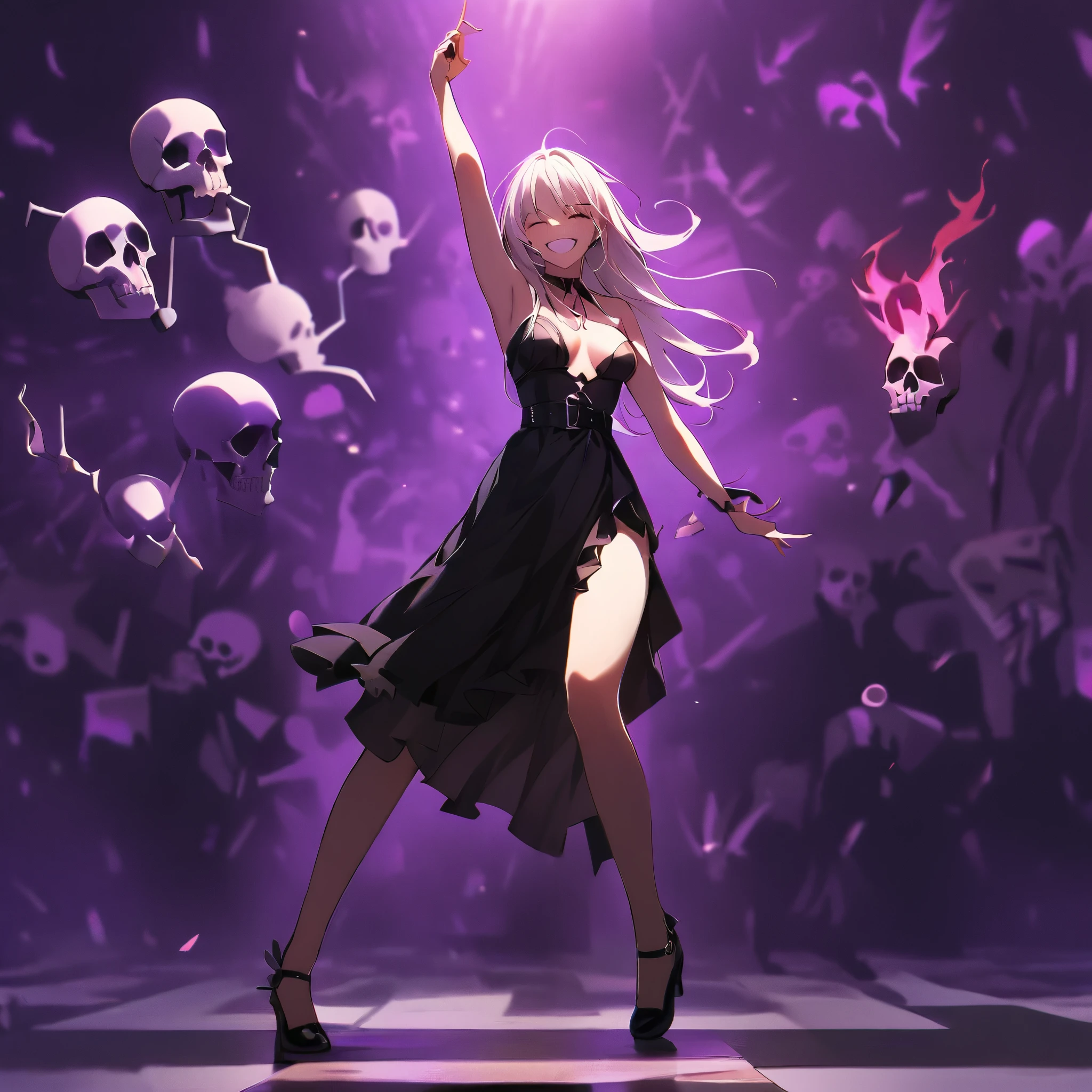 score_9, score_8_up, score_7_up, score_6_up,Madness,score_9,Madness,score_9,1girl dancing , full body, solo, long hair hair, sexy body,  white hair,teeth,grin,blood,red and purple flames and spirits backround,skull,