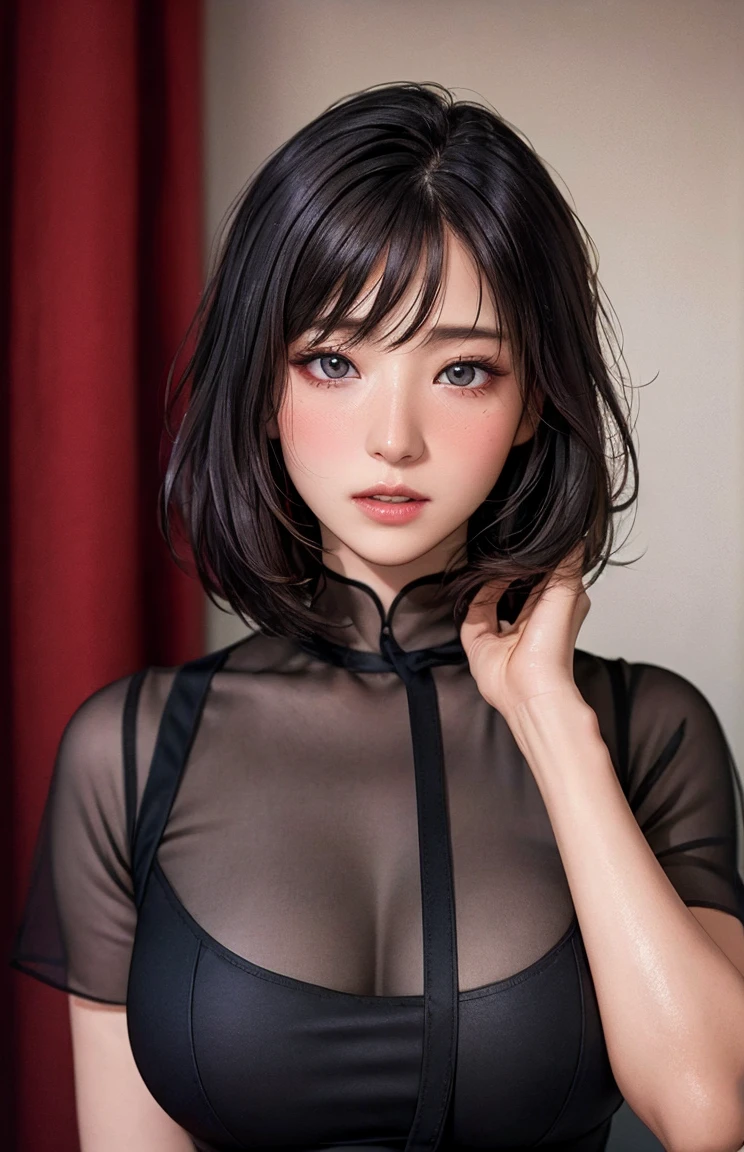 1girl in, star eye, blush, Perfect Illumination, Distinct, Red Eyes, Unreal Engine, side lights, Detailed face, Bangs, bright skin, Simple background, Dark background,