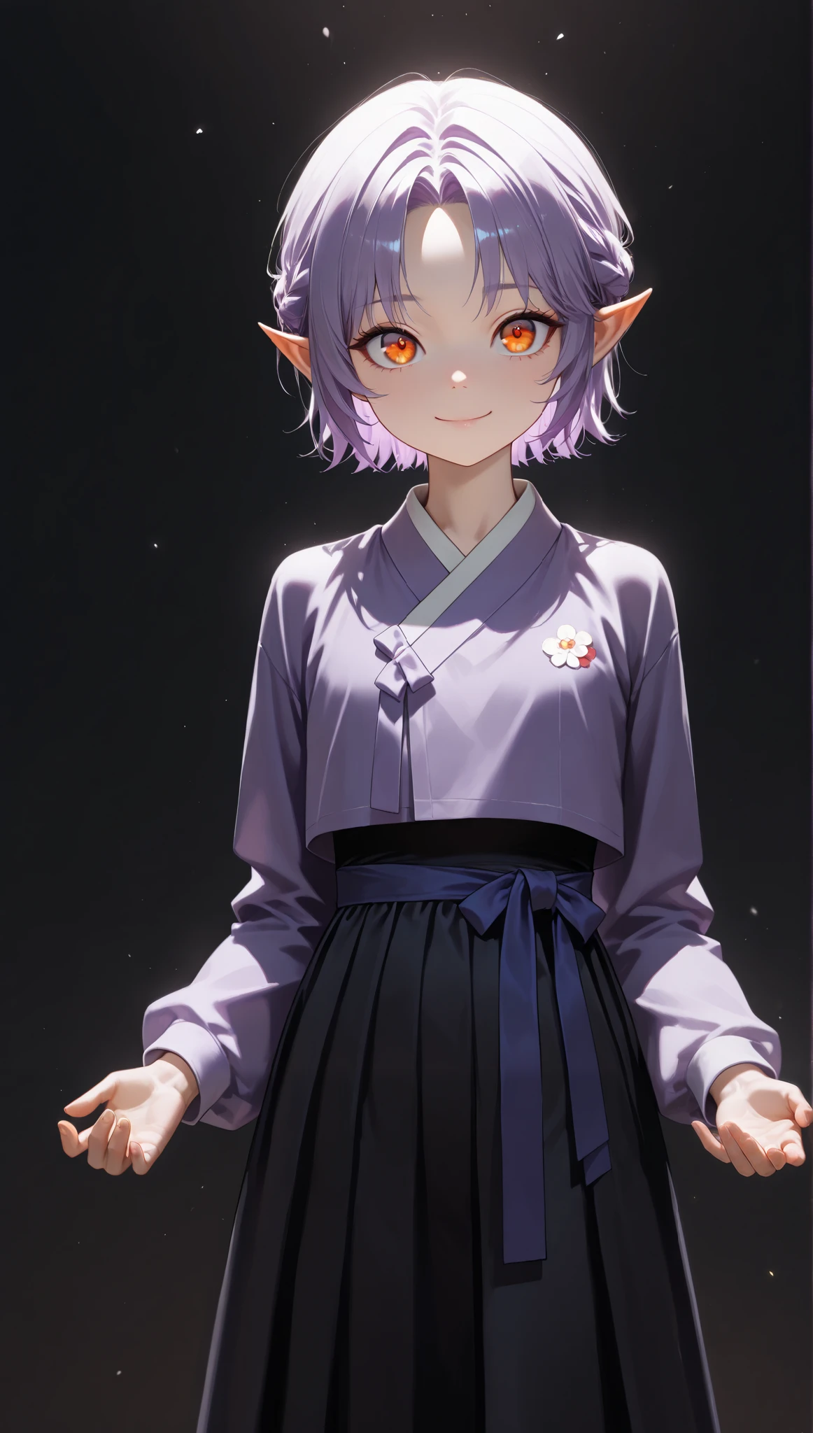very aesthetic, 걸작, 고해상도, 8k 해상도, 매우 상세한, best_quality, finely_detailed_eyes_and_detailed_face, 1 여성, halfling, (li), short_height, flat_chest, short stature, pointed ears, big eyes, lavender_hair, short_hair, parted_bangs, orange_eyes, violet_hanbok_shirt, black_hanbok_skirt, looking at viewer, (black_background),straight-on, front_view, cowboy_shot, cinematic_lighting, skinny_body, dynamic_pose, closed_mouth_smile