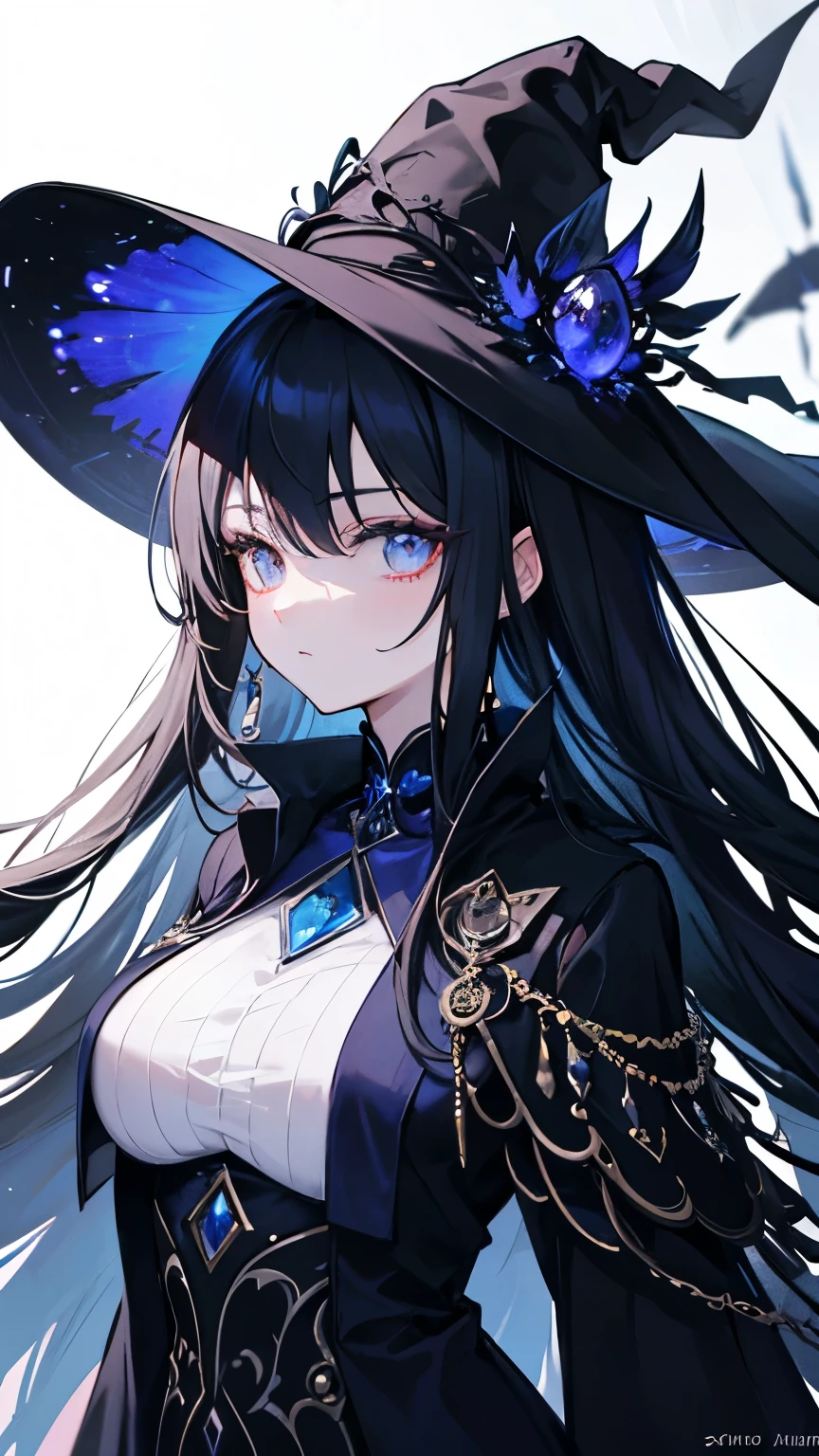 (extremely detailed 8K wallpaper),(ultra-detailed),(best quality),(masterpiece),(vertical painting),(highly detailed),(cinematic lighting),A beautiful girl stands in front of the magic ball,cabelos preto e longos,blue color eyes,(((Magician image))),Wide hat,Indifferent eyes,((indifferent expression)),Chemical instruments are placed around