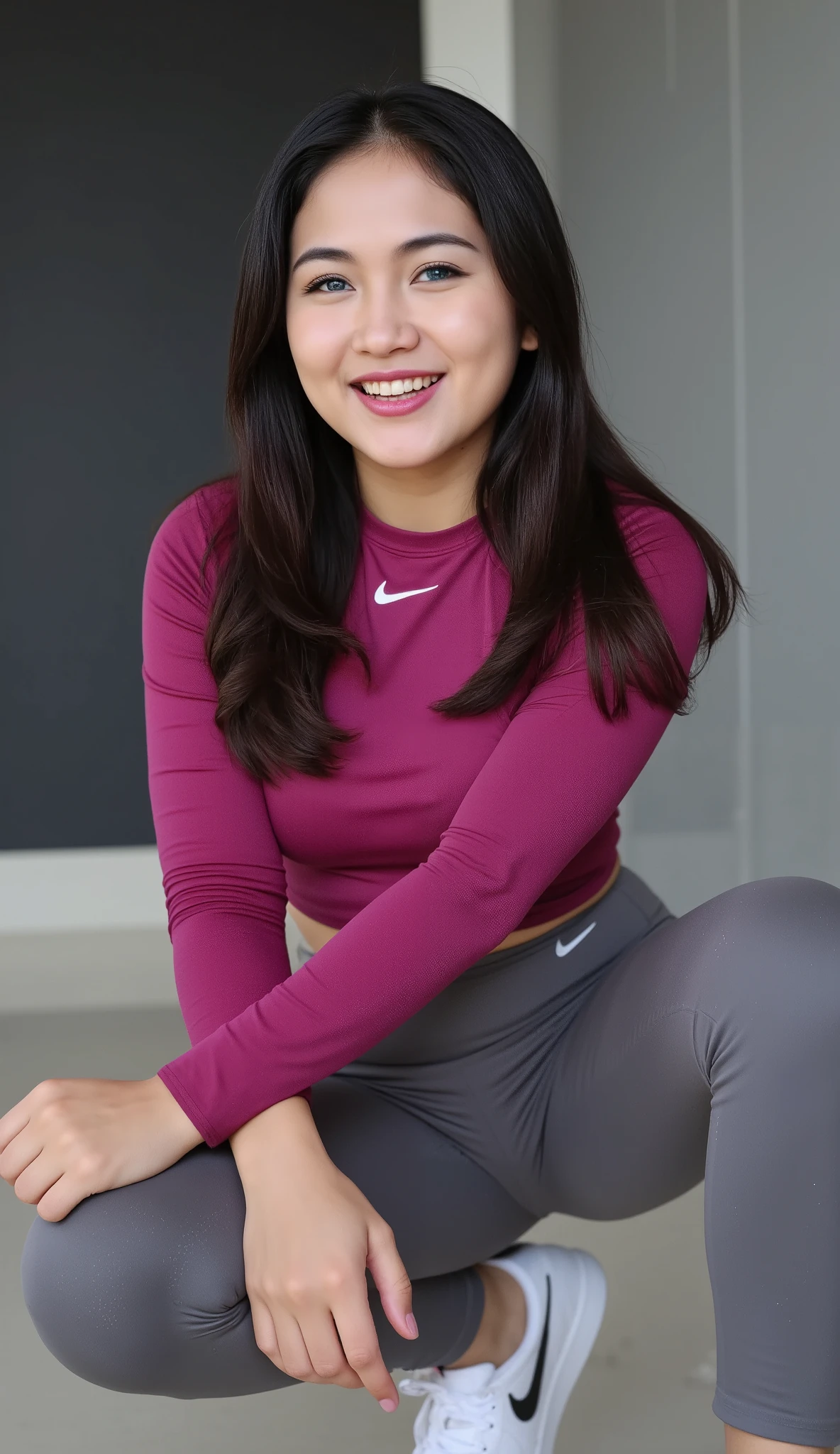 1 malayu aunty, with long black hair , Sensual face smiles at the camera , eyes using blue color soflens , thick eyebrows , very white skin ,wide lips maroon color , slim waist,beautiful hips , round buttocks , wearing long sleeve sports shirt "Nike" dark pink , and wears pants in gray , as well as sports shoes in white, body pose facing forward , proportional body , looking in front of audience , Blackish white color wall background,(( The lighting of the photo is very bright and clear )) ,8k, random background, masterpiece, Accurate , high detail