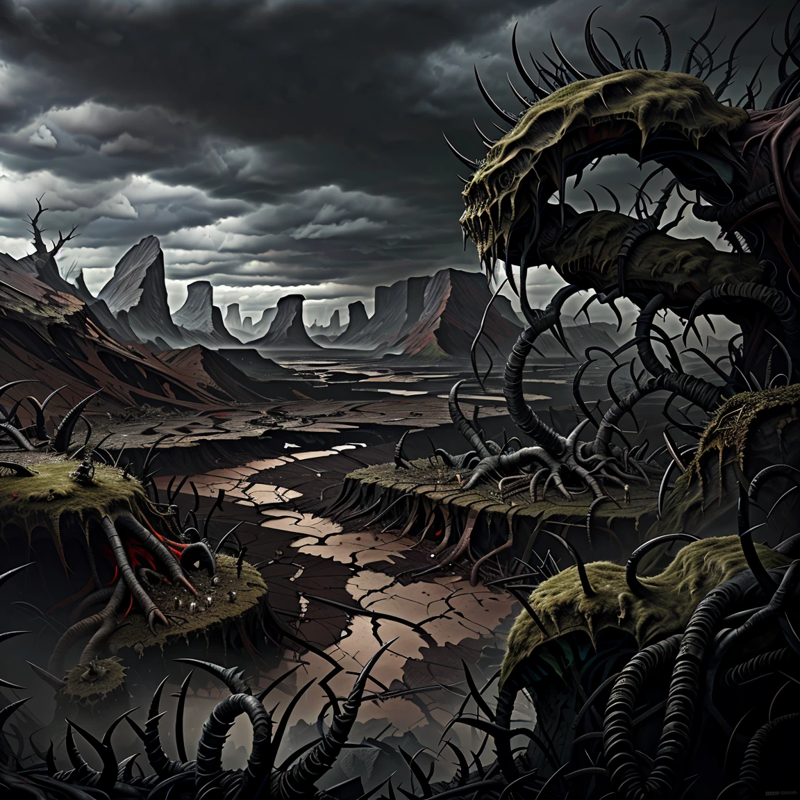 Extreme cracked open in the ground, Valley of madness in background. Thorns, chaos, devastation, dramatic cloudy sky. Horror art, unreal engine, sketch color drawing.