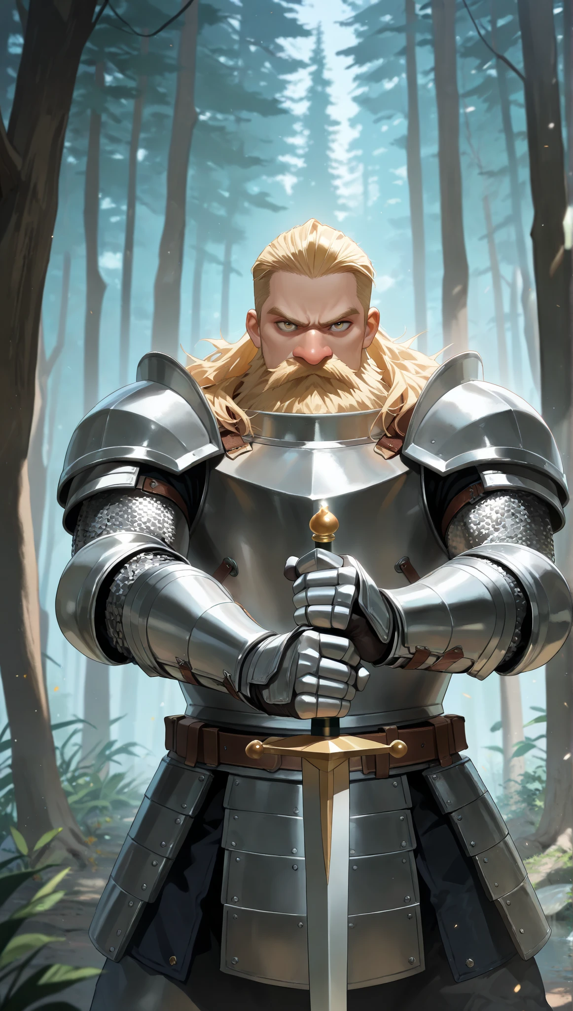 very aesthetic, 걸작, 고해상도, 8k 해상도, 매우 상세한, best_quality, finely_detailed_eyes_and_detailed_face, 1 남성, Dwarf, (short_stature:1.3), big nose, blonde_hair, slicked_back, plate armor, looking at viewer, (forest),straight-on, front_view, cowboy_shot, cinematic_lighting, skinny_body, dynamic_pose, holding sword, glaring_expression, brave perspective, (masculine)