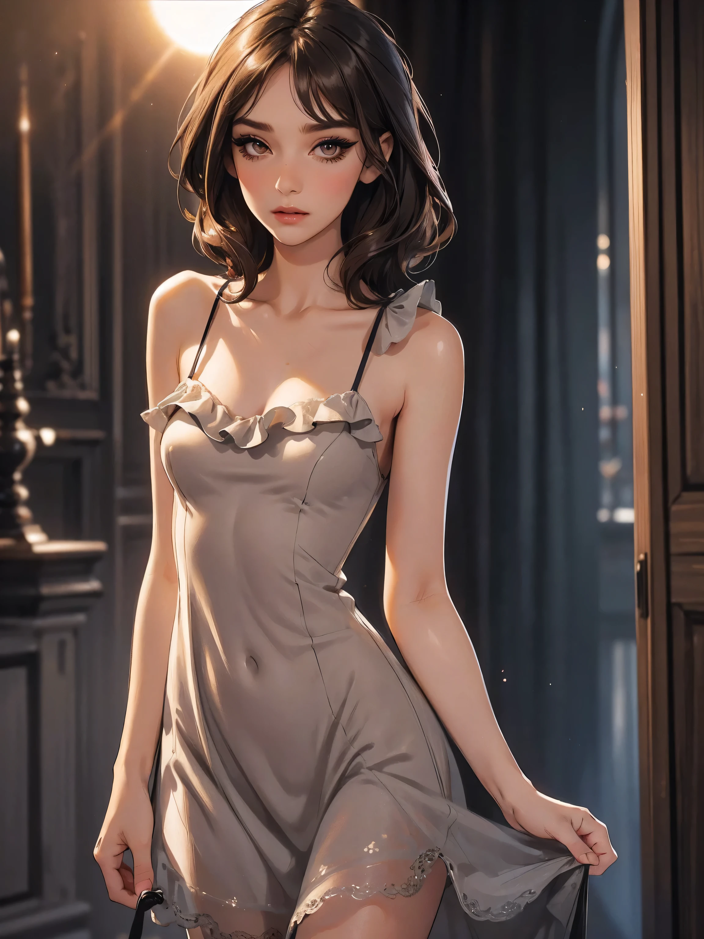 age girl-model 1, (only 1 girl), beautiful, brown hair, (shoulder length hair), , short glossy hair, gray eyes, beautiful figure, beautiful long legs, , top quality, highest quality, pin-up style, (((sun dress,))), , dark makeup, small breasts, skinny, slender body, ((mascara, eyeliner, nose blush))),, ninjartist style
