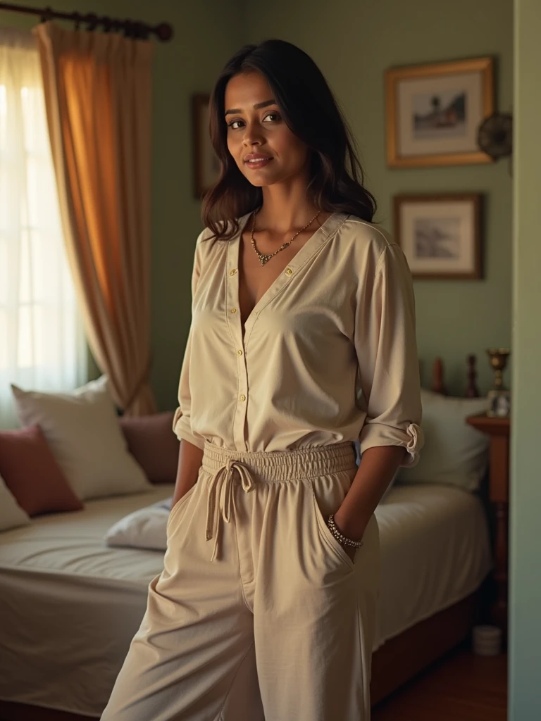(best quality, masterpiece, ultra high resolution), (8k wallpaper, high-definition, HDR, RAW), (hyperrealistic), (authenticity: 1.4), (full body shot), 1girl, ((12 year old woman)), ((Brown straight hair)), ((Pretty French Girl)), ((Tight clothes)), ((Brown eyes)), ((Pale skin)), amazing slim body, long legs, thick thighs, sexy tummy, sexy navel, ((perfect hands)), ((Tight pajamas)), standing, leaning forward, ((on the hallway)), ((view at viewer)), ((Scared)), ((On the hallway of a luxurious Hotel)), natural illumination, inside illumination, indoor illumination