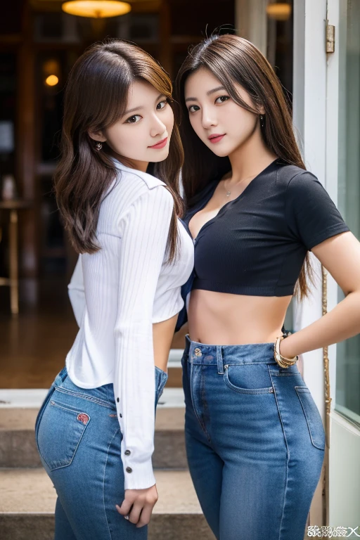 ((White short sleeveTJapanese man wearing a shirt and jeans:1.7))、A 16-year-old high school girl wearing a denim miniskirt that accentuates her thighs, man and woman shaking hands:1.7, A man and a woman standing facing each other on the street:1.7, Woman with long black hair, Medium Chest, Perfect Eyes, The distance between them、White short sleeveTWoman in a shirt:1.7、