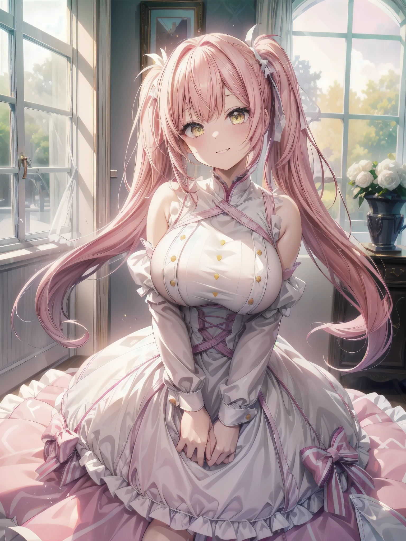 1 girl, pink hair, twin tails, long hair, huge boobs , yellow eyes, Super Detail eyes, smile, big smile with teeth, happy expression , The dress focuses on the face, room, window, Super Detail, 8k wallpaper, Reflected Light, ray tracing, is present