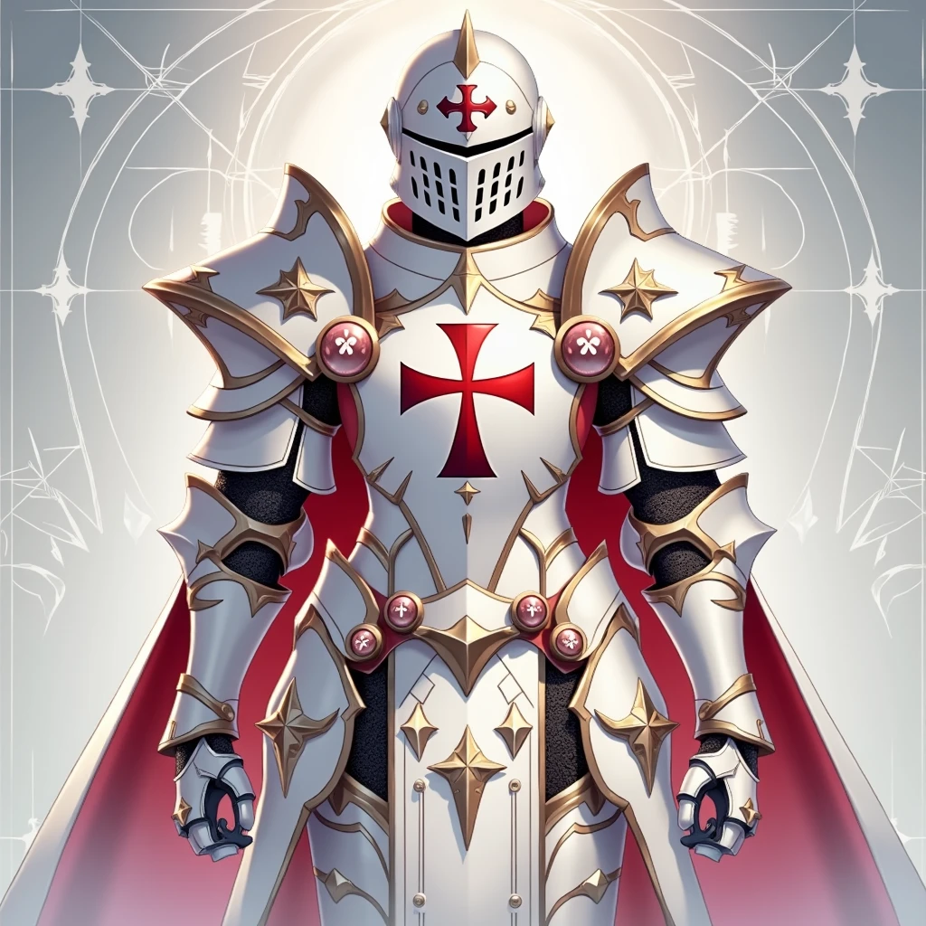 create a medium shot image, anime style, of one knights hospitaller (with white cross logo) in full body red elite fantasy plate armor with full face red fantasy helmet (with wings design on the sides), facing front, grey background, white halo behind face, and white spirit wings behind