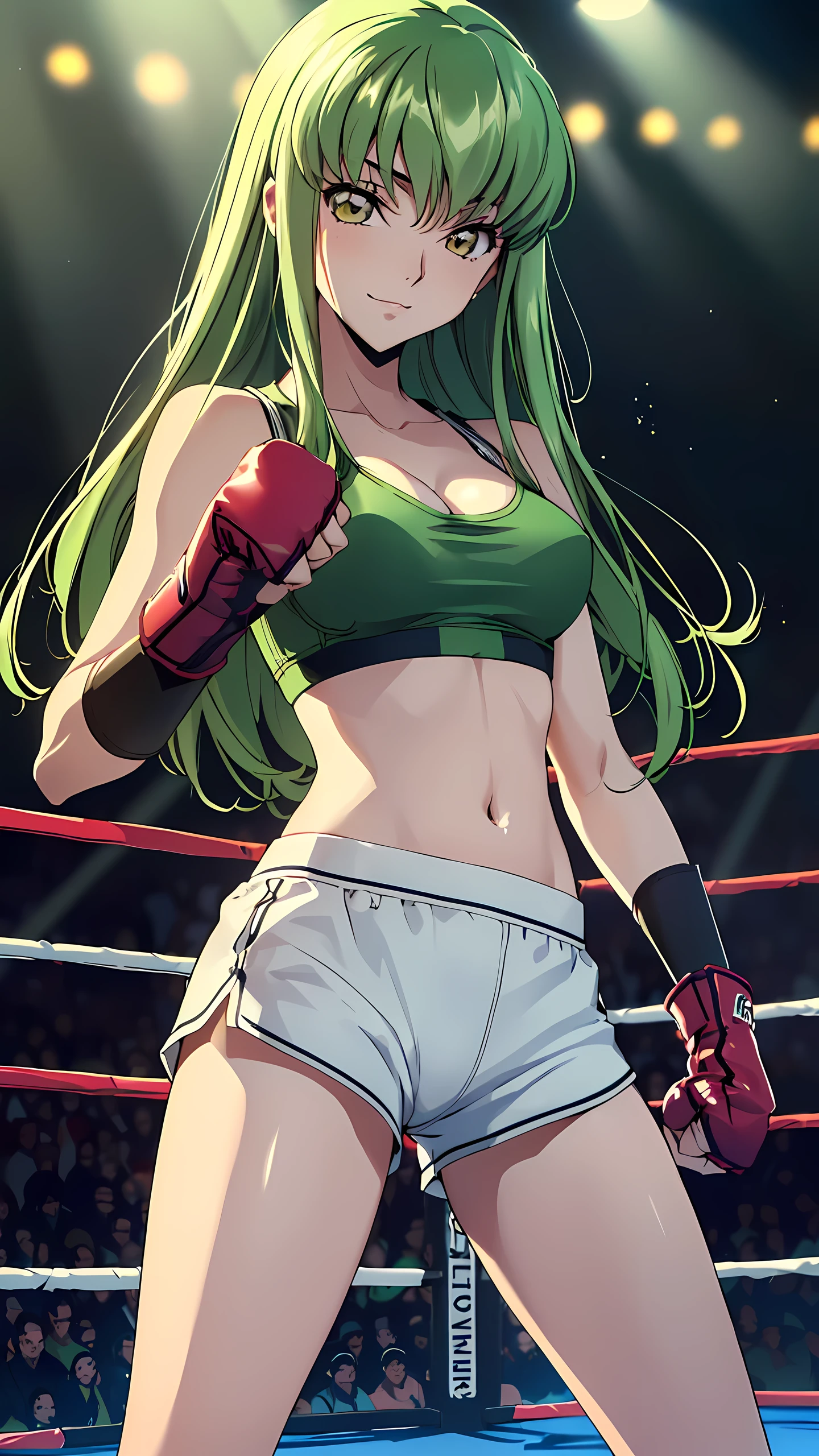 code Geass_anime, C.C., lime hair and gold eyes, long hair, 1 person, Bright light, vivid green hair, (masterpiece, Highest quality), 8k, Intricate details, (sports bra:1.5, sports short pants:1.5, fingerless gloves:1.3, sleeveless, medium breast, cleavage, belly button, bare thigh:1.3, slim long legs:1.3), Ultra HD, Highly detailed face, Highly detailed eye, (looking down at viewer:1.5), (serious smile), woman boxer, (fist fighting stance:1.5, cowboy shot:1.5, solo:1.3), Crowd Circle View, professional wrestling ring, spectator seats, The background is the audience, best quality, masterpiece+, stretch chest,