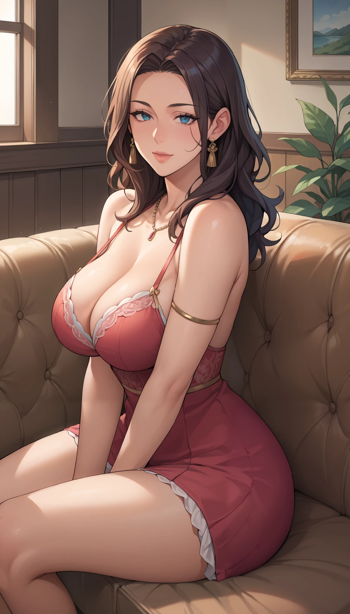 a girl from the side , Vol up the sidetuous women, Older, Big Breasts, mature woman, Maternal, Wide hips , score_9, score_8_ up the side, score_7_ up the side, score_6_ up the side, source_Anime, beautiful face, expressive eyes that breathe, staring at viewers , alone, close- up the side, sitting , Sofa, indoor, scenery, Dramatic Lighting, Anime screencap, Enchanting Smiles