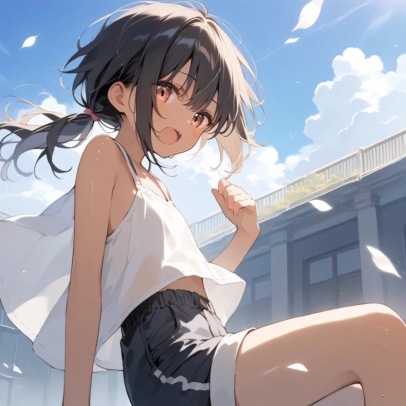 score_9, score_8_up, score_7_up, source_anime, best quality, masterpiece, official art, absurdres, highres, ultra-detailed,waifu2x,Collection: Slice of Life,break,1girl, tomboy, dark-skinned female, short hair, low ponytail, flat chest, beautiful detailed eyes, short shorts, sweat, open mouth, (yawn:0.3), sleepily, outdoors, wind, break,(clear line illustration:1.2),very high resolution, very aesthetic, super detailed skin, Best sexual lighting powered by famous artist, 8k,cute picture,beauty illustration,photoshop_(medium),,(Detailed Lighting),best anime 8k konachan wallpaper, pixiv contest winner,