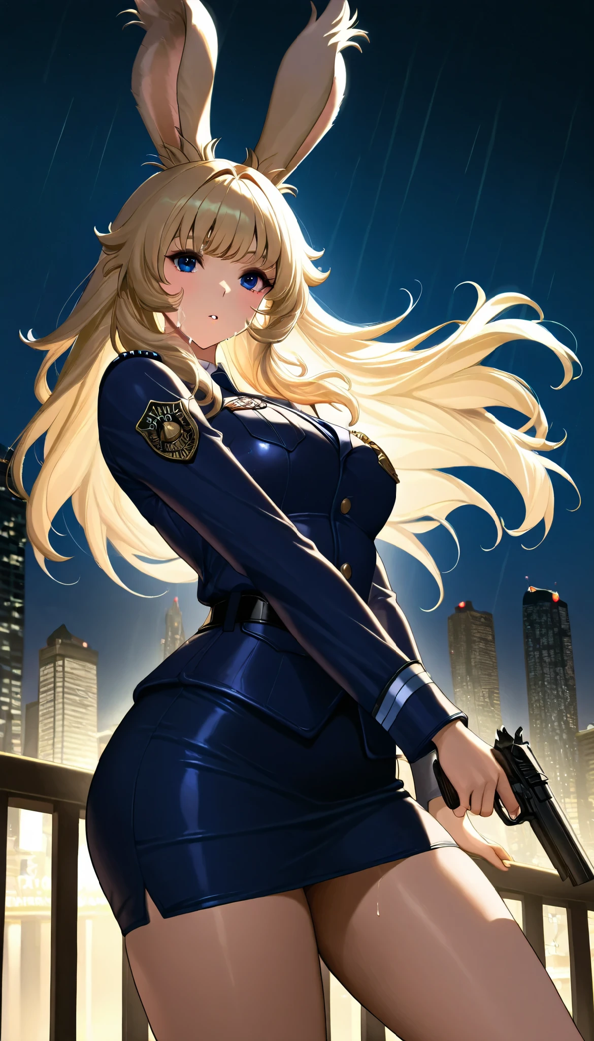 Viera 1 woman 、 American Beauty 、 so beautiful、 facial beauty、 blue eyes、 standing、New York Police Uniform 、 miniskirt、 blonde、 night city、 backlight、 the wind is blowing 、that' It's raining、 he's staring at the muzzle.、 thigh upshot 、Point a handgun