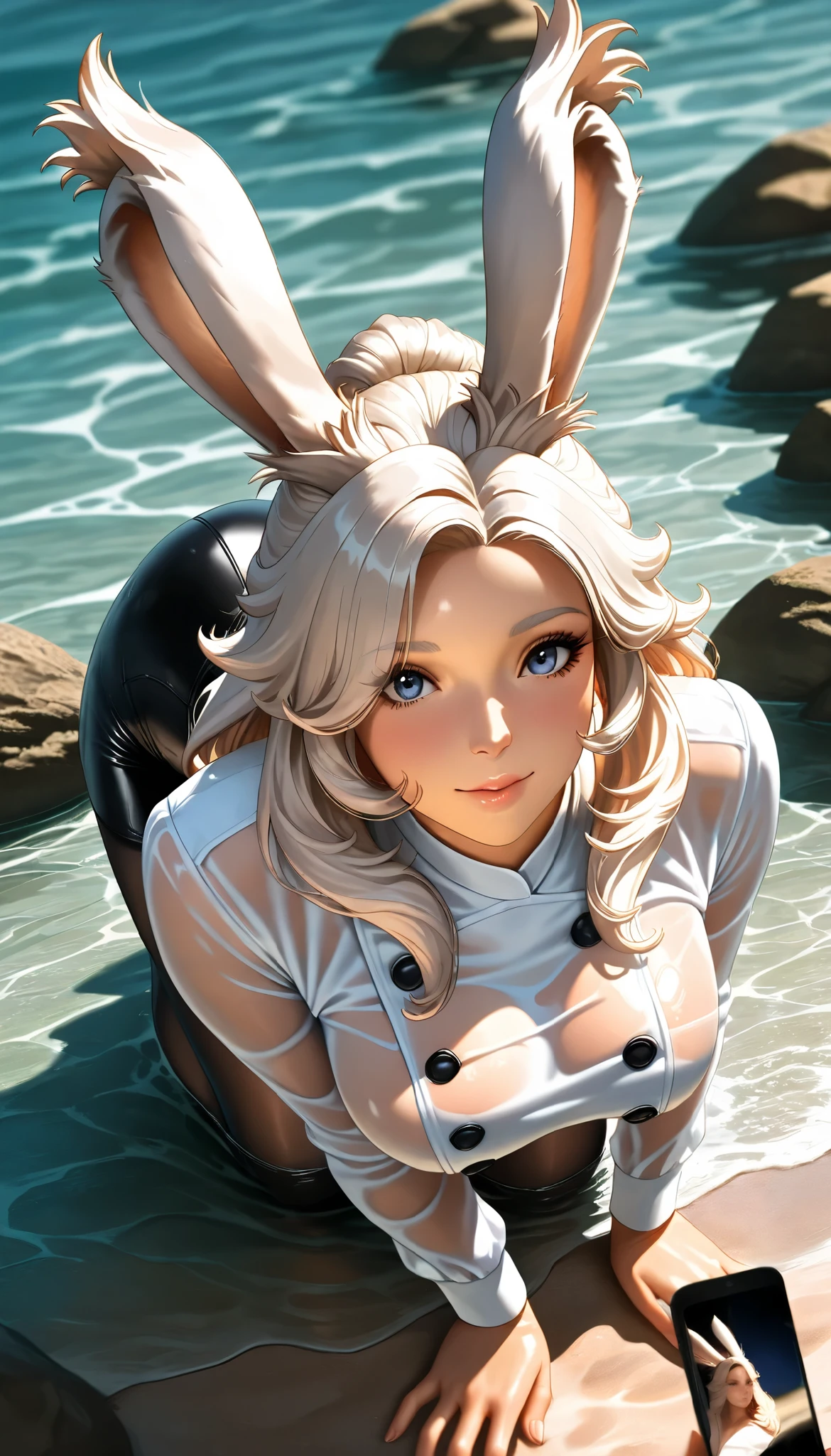 Sweet expression, lies down, White glasses, short white hair, (8k, RAW Photo , Photorealistic:1.25) ,( lip gloss, eyelashes, shiny face, shiny skin , top quality, Ultra High Resolution , depth of coverage, Color Difference, caustics, Wide Light, Natural Shadows, Viera idol ) has a calm expression and the 、 is staring at viewers with a blissful expression like a goddess, full body, big breasted with a cross eye, white underwear, black stockings, See-through Shirt , white shirt, secretary