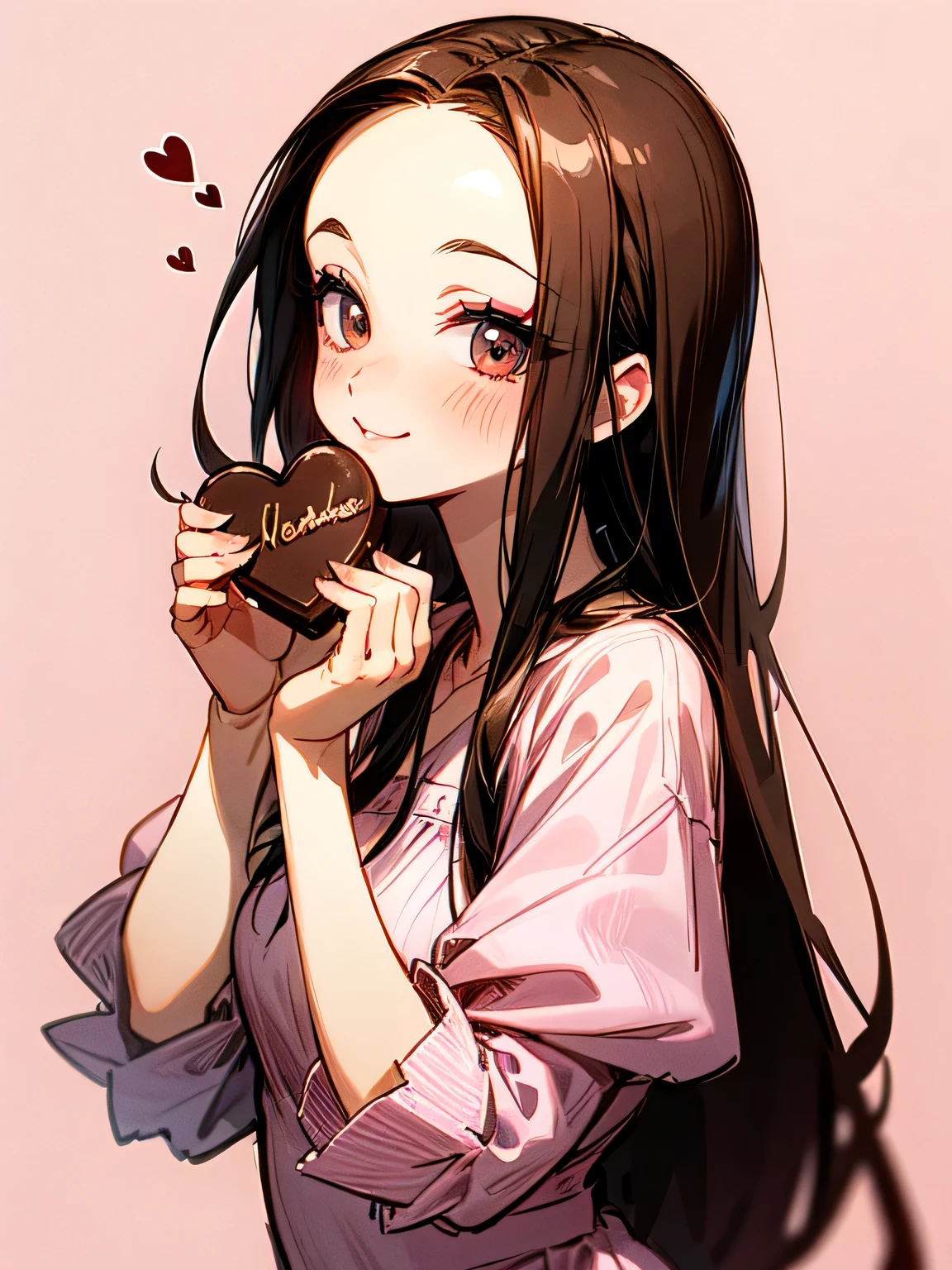 sideview,Alone,upperbody,looking at viewer, older sister's facial appearance ,makeup,brown thin long hair,big forehead,(Forward hands with Valentine's Day chocolate present),:1.2check pattern pink dress, cute kitchen ,smile,( manga style),(sketch),(illustration), Masterpiece, best quality,