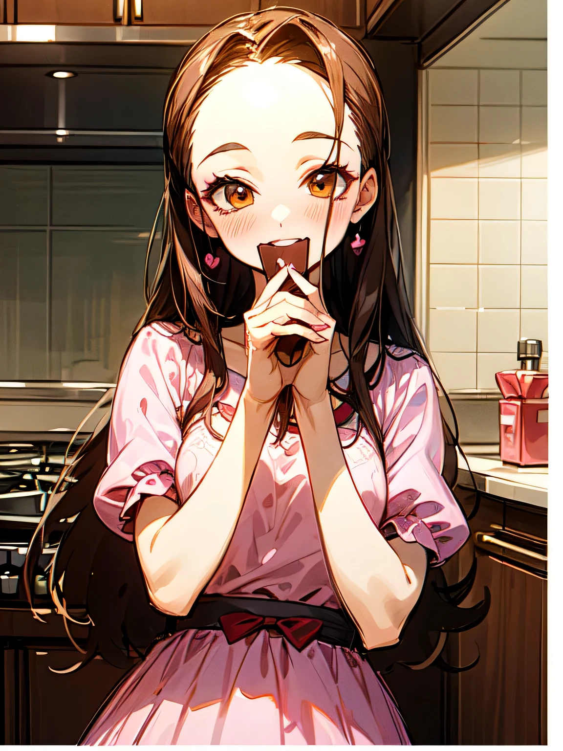 Alone,upperbody,looking at viewer, older sister's facial appearance ,makeup,brown thin long hair,big forehead,(Forward hands with Valentine's Day chocolate present),:1.2check pattern pink dress, cute kitchen ,smile,( manga style),(sketch),(illustration), Masterpiece, best quality,