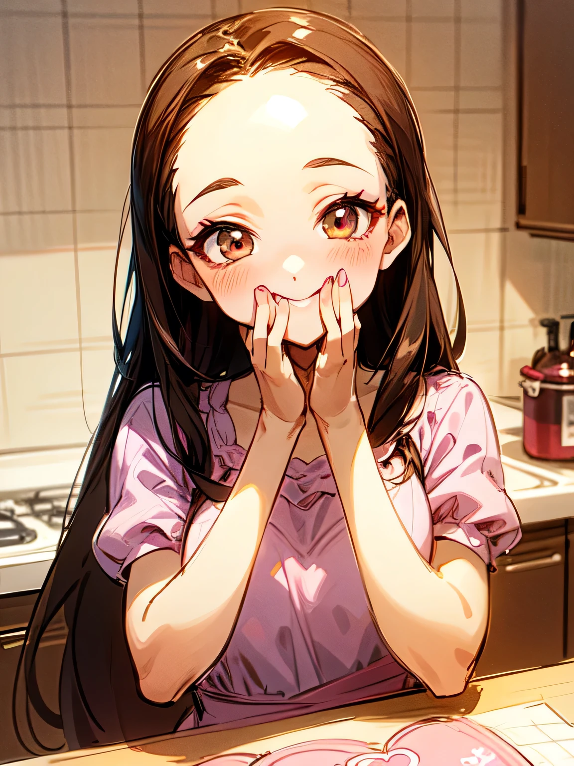 Alone,upperbody,looking at viewer, older sister's facial appearance ,makeup,brown thin long hair,big forehead,(Forward hands with Valentine's Day chocolate present),:1.2check pattern pink dress, cute kitchen ,smile,( manga style),(sketch),(illustration), Masterpiece, best quality,