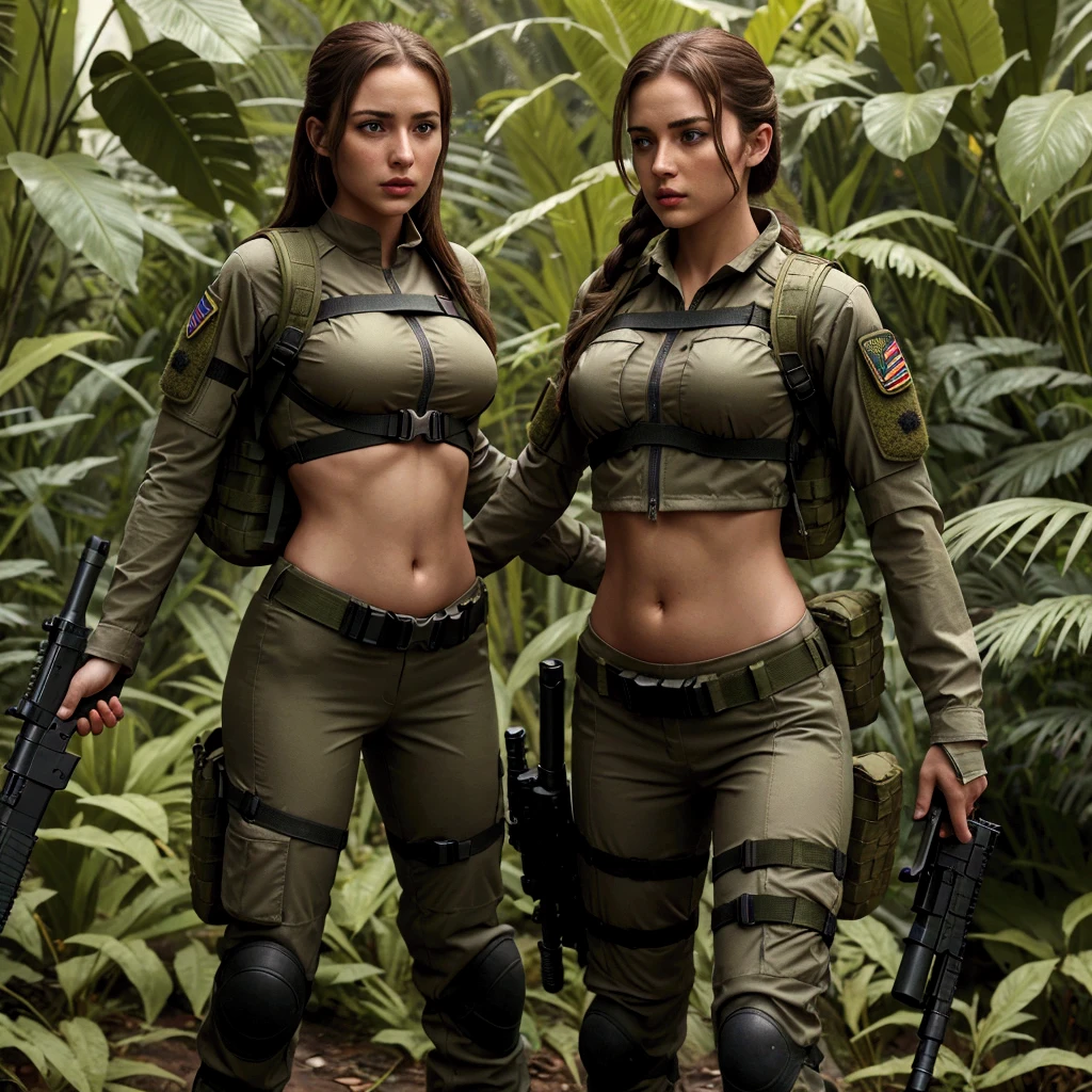 Sexy female goblin, 28 years old, cute face, long dark green hair, light green skin, emerald green eyes that shimmer like gemstones, curvy figure, dark brown leather tunic, belly button, brown patchwork leather pants, seductive pose, standing in a dark forest, nighttime, extremely detailed, 8k UHD