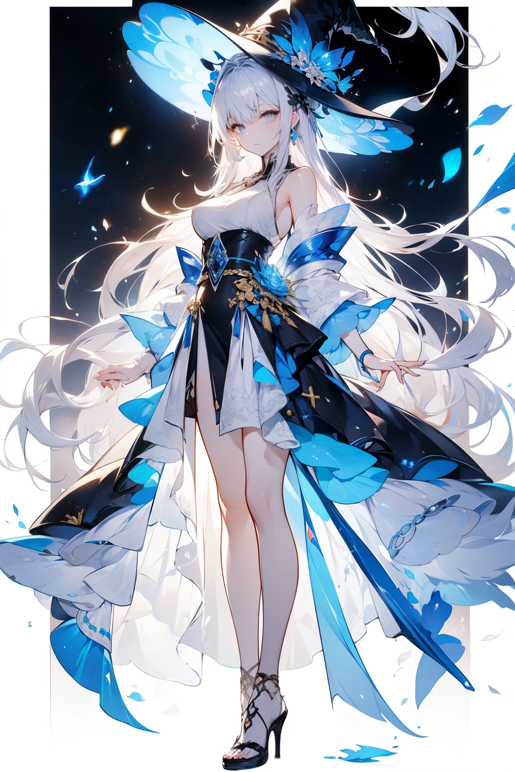 front, golden eyes, character sheet, standing,HD RAWカラーアート , animation,Sculpture, Silver Marble Skin , ((( super delicate and graceful ))), magical atmosphere , Delicate skin, texture ,( Details, 小さな Details, 非常に Detailsな 艺术), Write without crossing the border , Bokeh, Silky Touch, 非常に Detailsな , White background , (), whole body, 美しい golden eyes, graceful look , think , witch hat, magic
long hair , Kirito , big breasted with a cross eye (d), white hair,Japanese style, high heels, Blue Rose Accessory,