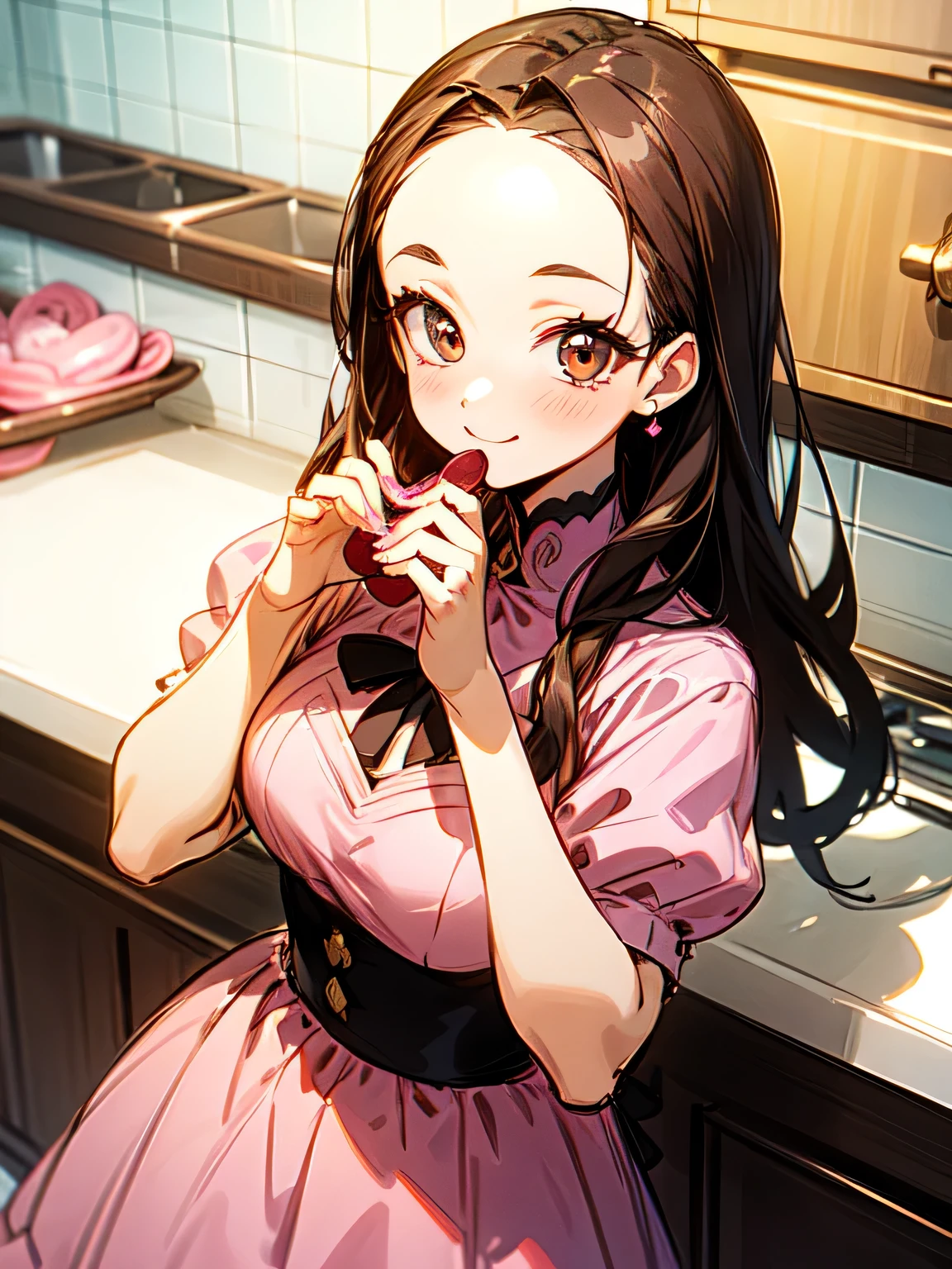 Alone,upperbody,looking at viewer, older sister's facial appearance ,makeup,brown thin long hair,big forehead,(forward hands valentine chocorate present),:1.2check pattern pink dress, cute kitchen ,smile,( manga style),(sketch),(illustration), Masterpiece, best quality,