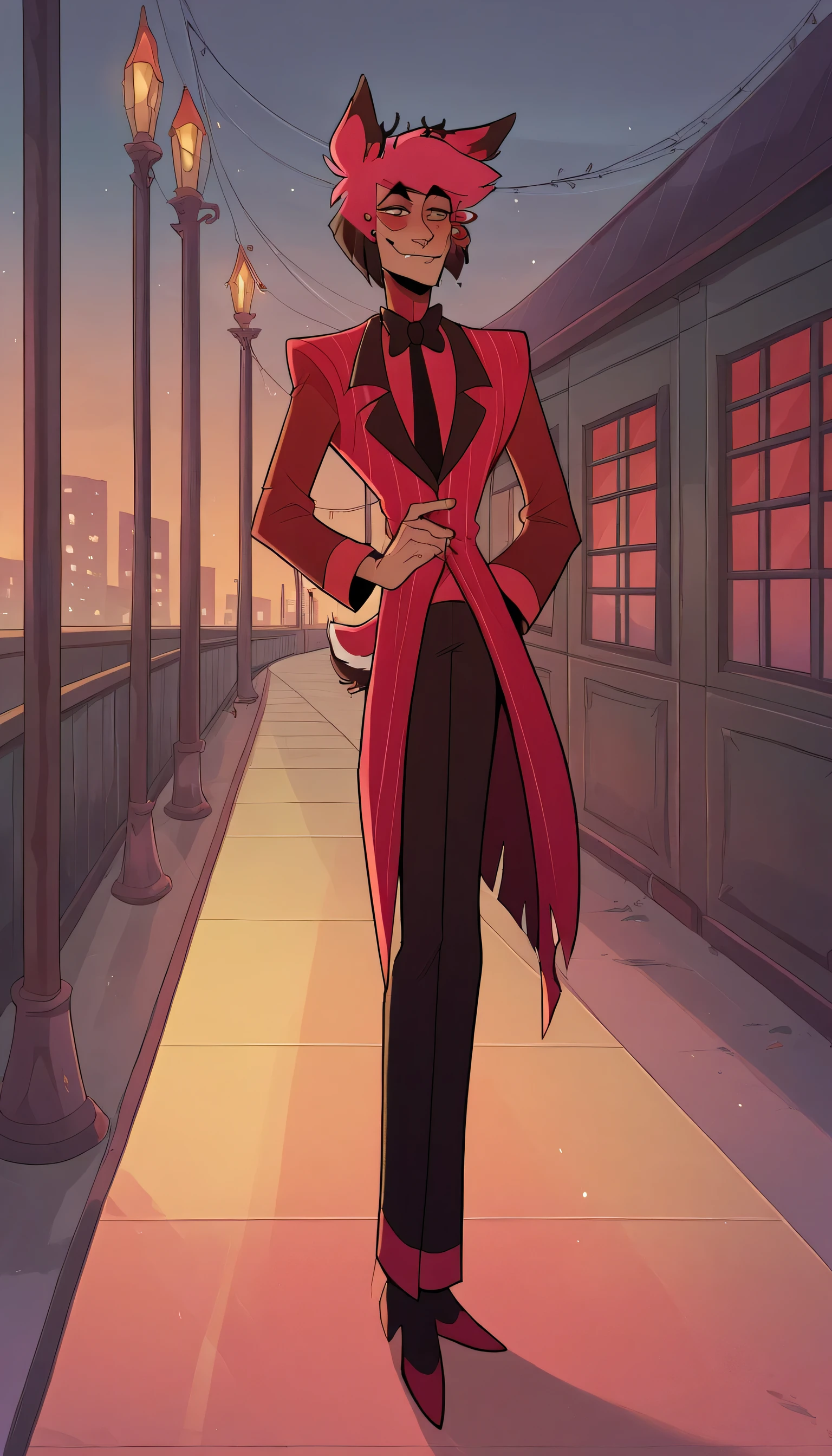better quality, very detailed illustration , 1 boy, delgado, male body, thin waist , simple drawing, Artifyber style , pastel flat colors , suit and tie, fancy, tall thin human man, boy fluffy hair, Alastor, animal ears, solo, walking down alleyway with city in background, angle