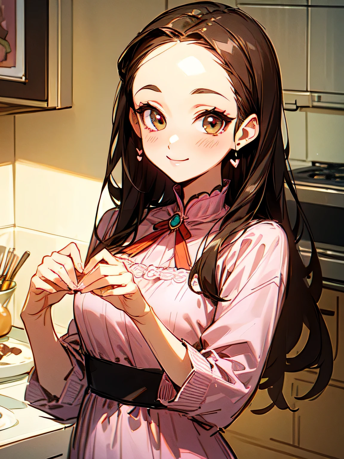 Alone,upperbody,looking at viewer, older sister's facial appearance ,makeup,brown thin long hair,big forehead,(forward hands valentine chocorate),check pattern pink dress, cute kitchen ,smile,( manga style),(sketch),(illustration), Masterpiece, best quality,