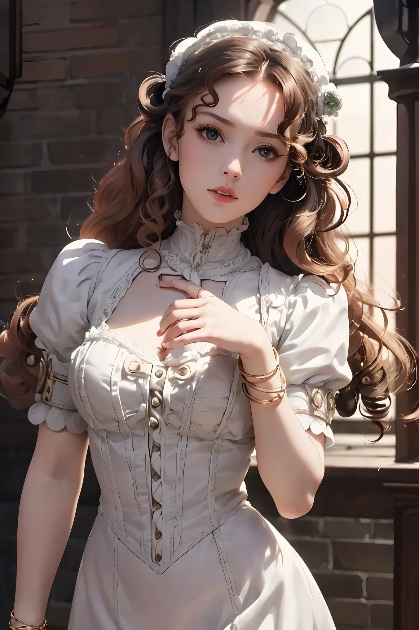 masterpiece, Highly detailed, super realistic,detailed background, bright Lighting, Daylight, 4k, 8k.
beautiful face, beautiful eyes, medieval style,  solo,
( girl:1.5) , (long curly brown hair style:1.5),
wearing ((White Victorian dress:1.5)) and (Golden bracelet), (elegant),
 (slender:1.5), (pretty face), (li),(small breasts),
(standing),(full body),(Dynamic Angle), (Dynamic Pose),
