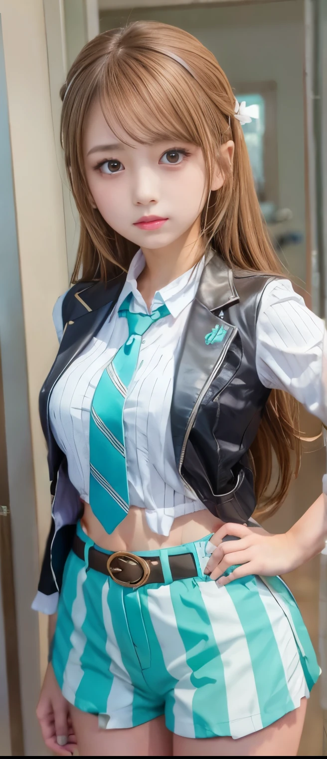  Fancy Idol Girl （ light brown hair）、A pure girl's face、 hypo、turquoise shirt with tie、White Striped Tight Shorts、Skeleton Belt、 fishnet、Glowing Punk Town 