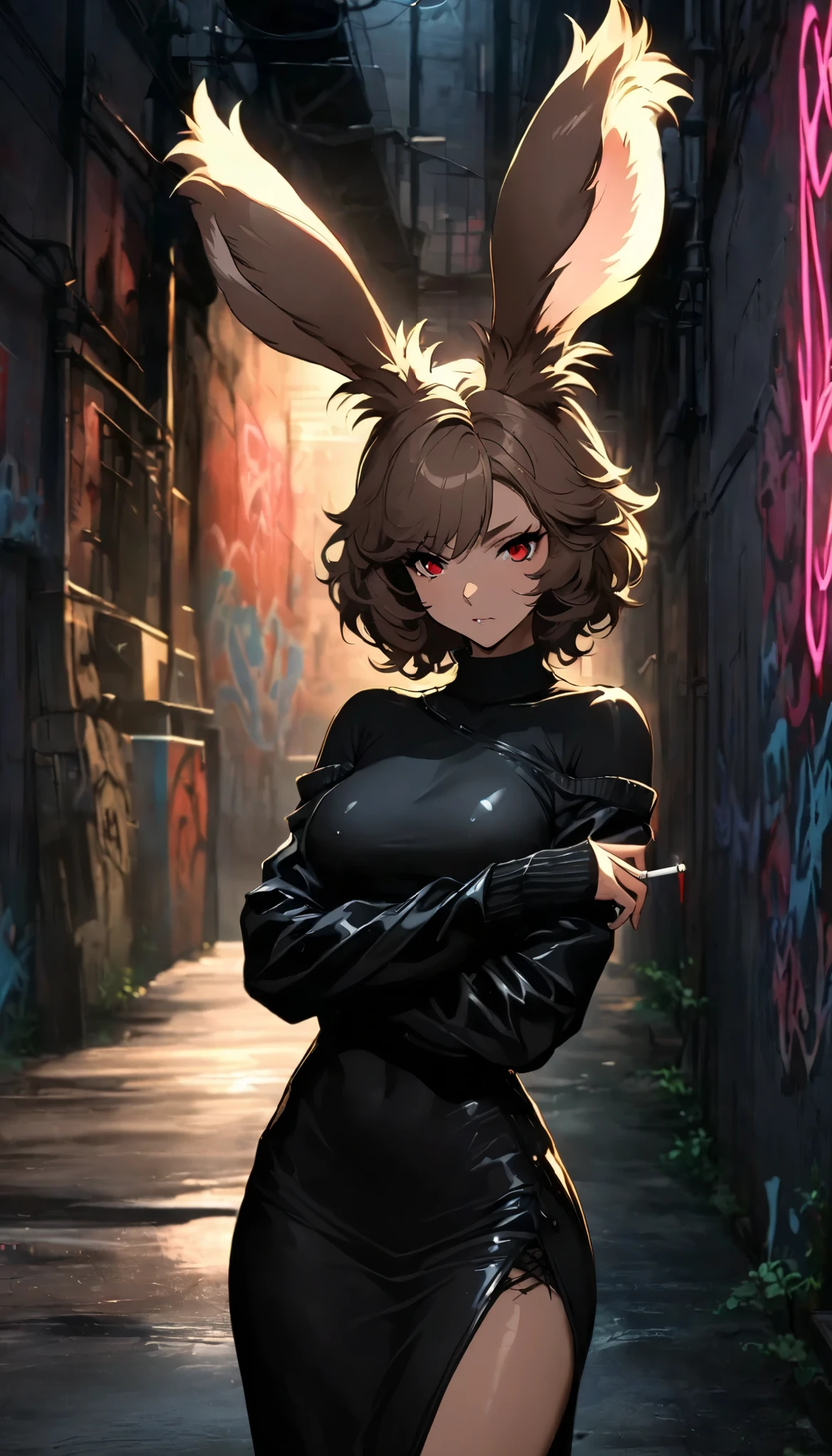 1 Viera girl,Alone,chest, short hair, brown hair, Red Eyes,Round sunglasses ,arm under chest other hand holding cigarettes, raise your arms, standing, stylish, Shoulder Skin , off shoulder, sexy, dark sweater with comma background, Long Sleeve, bike jacket ,In a dimly lit alley , Night with Neon Signs and Graffiti Covered Walls, radical and rebellious , Masterpiece, top quality, is ridiculous,