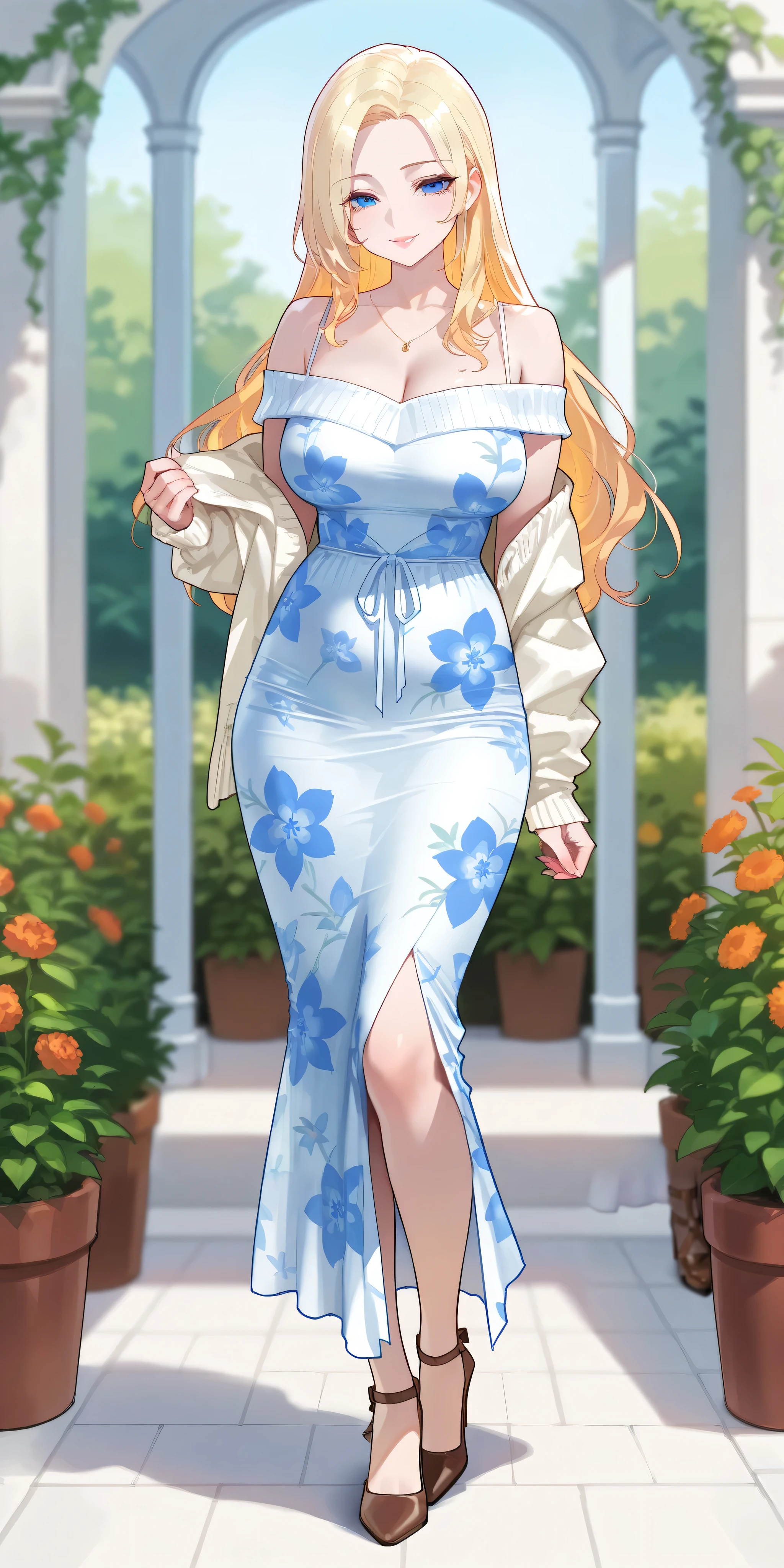 An extremely gorgeous beautiful woman with blonde hair. She has extremely fair white skin, red plump glossy lips, big blue eyes, and a slim hourglass figure. She's wearing a long white floral dress with spaghetti straps, a pink front-open sweater worn in an off-shoulder style, and brown heels. She's standing straight, smiling, garden background, show full body.
