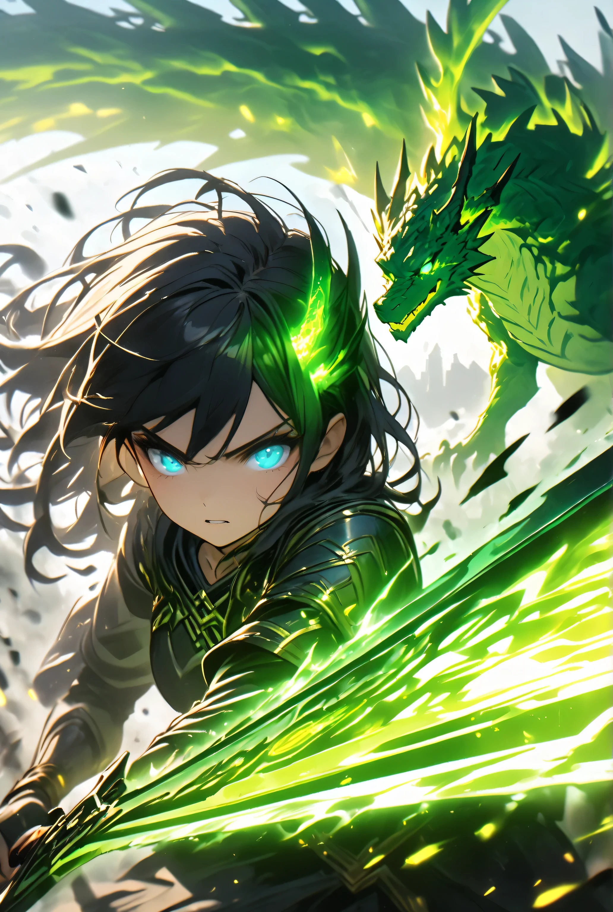 The dynamic scene captures,
the instant energy yellow sparks as a woman with black hair and blue eyes,
launches a thrusting attack with a great sword that is covered in green flames,
The green flames surrounding her greatsword give it an eerie glow,dark fantasy,(((glowing dragon))),
