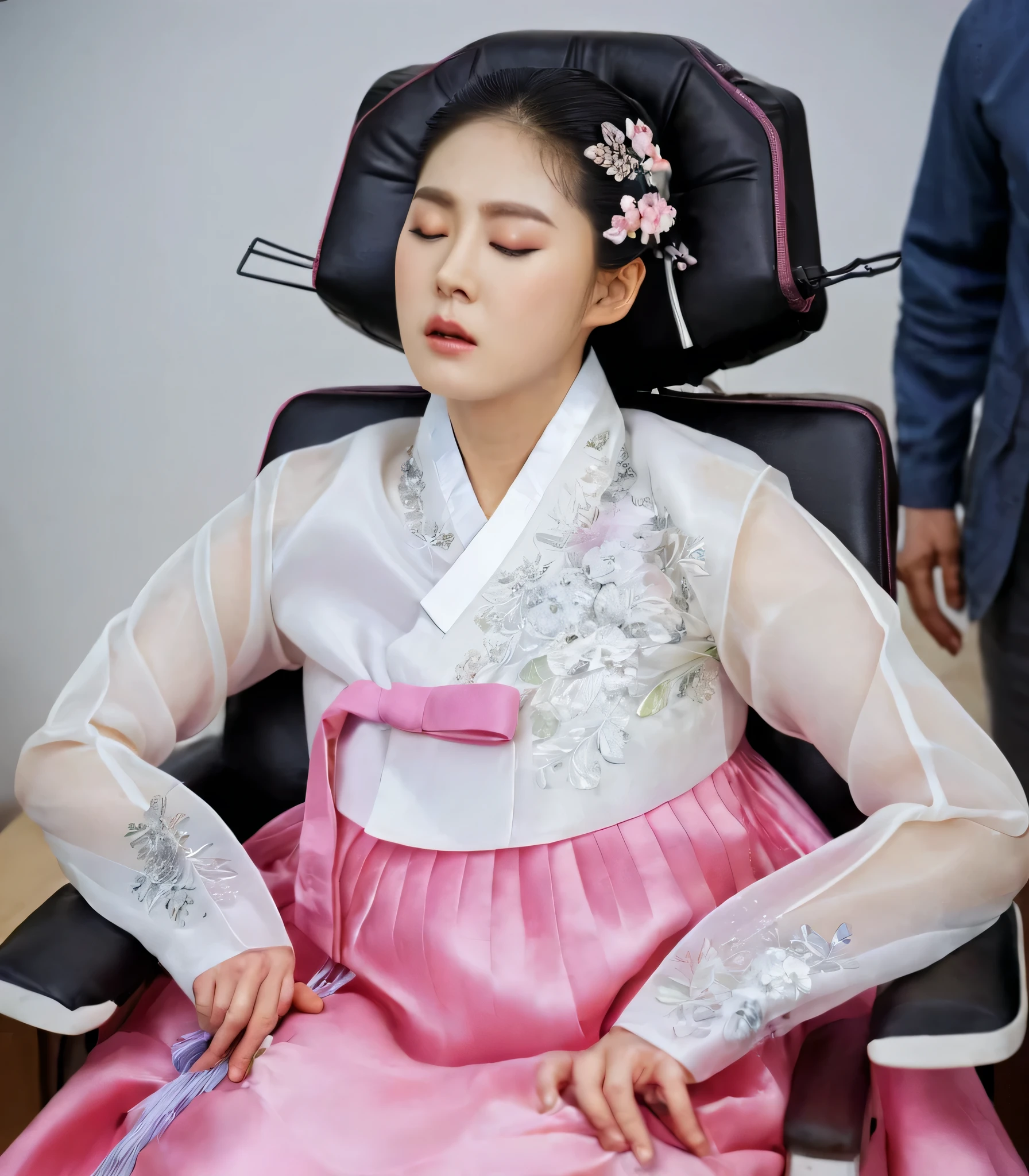 8k, A Korean man had surgery to change his body from male to female, his body is completely female, he has big breasts like a woman, but his face is not changed and still looks like a man, His hair is still manly and short, manly short hair, he is wearing a mother's hanbok dress costume, silk, Mother of the Bride Dress Outfit, white and pink, Floral pattern, sexy, see-through, He sits upright in a special device chair, Being brainwashed, There are several electrical cords and electronic devices plugged into his head, Being brainwashed, brainwashing electronics attached to head, expressionless, eyes closed, unconscious, Full body shot
