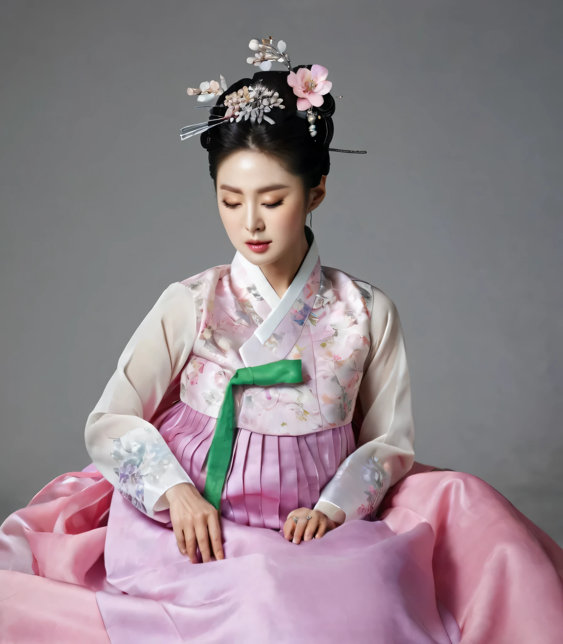 8k, A Korean man had surgery to change his body from male to female, his body is completely female, he has big breasts like a woman, but his face is not changed and still looks like a man, His hair is still manly and short, manly short hair, he is wearing a mother's hanbok dress costume, silk, Mother of the Bride Dress Outfit, white and pink, Floral pattern, sexy, see-through, He sits upright in a special device chair, Being brainwashed, There are several electrical cords and electronic devices plugged into his head, Being brainwashed, brainwashing electronics attached to head, expressionless, eyes closed, unconscious, Full body shot