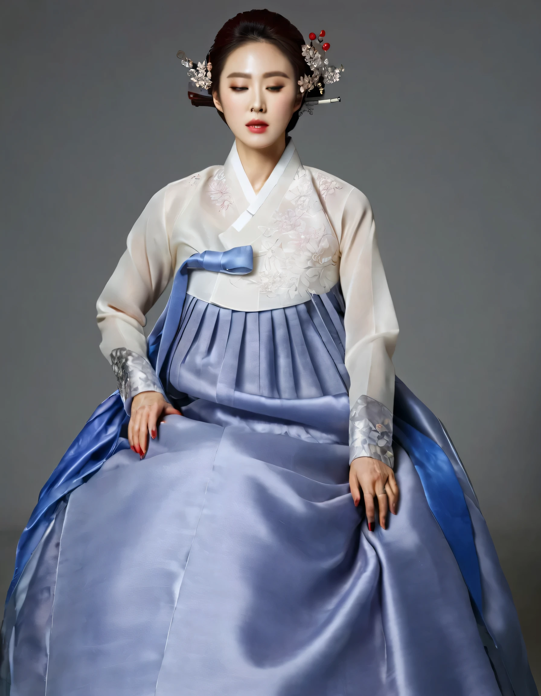 8k, A Korean man had surgery to change his body from male to female, his body is completely female, he has big breasts like a woman, but his face is not changed and still looks like a man, His hair is still manly and short, manly short hair, he is wearing a mother's hanbok dress costume, silk, Mother of the Bride Dress Outfit, black and red, Floral pattern, sexy, see-through, He sits upright in a special device chair, Being brainwashed, There are several electrical cords and electronic devices plugged into his head, Being brainwashed, brainwashing electronics attached to head, expressionless, eyes closed, unconscious, Full body shot
