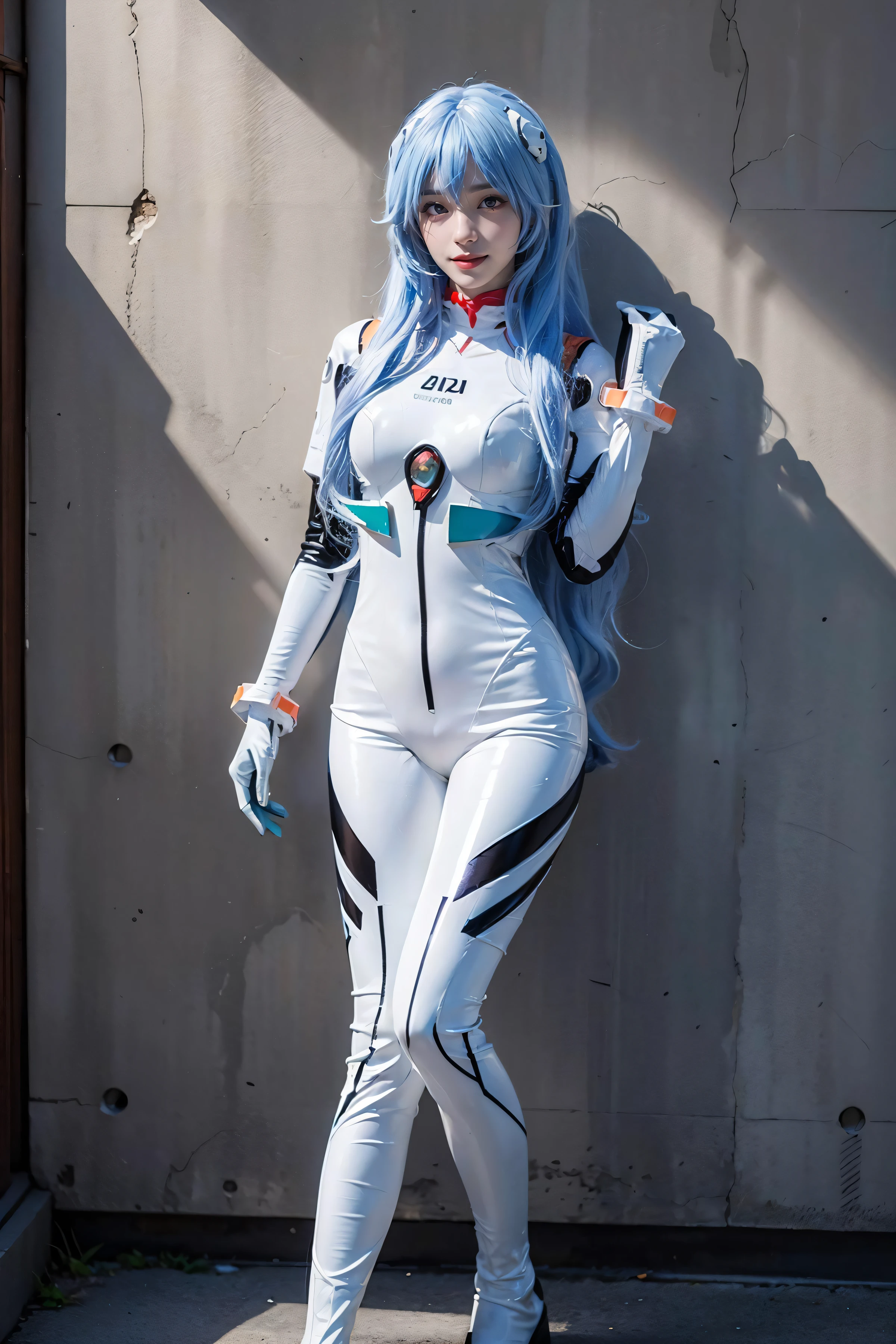 <lora:reiayanamitest:0.7>highres, highest quallity, 1girl, adult, solo_focus, solo, rei ayanami, blue hair, long hair, red eyes, bodysuit, headgear, plugsuit, white bodysuit