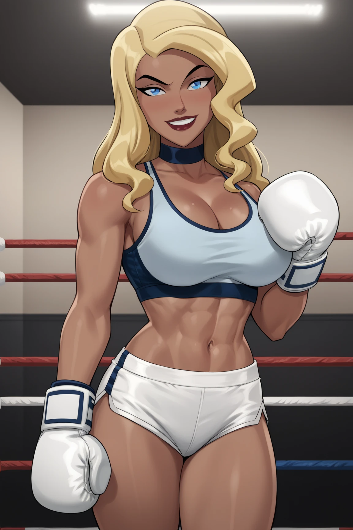 masterpiece, ultra high quality CG, best quality, perfect picture, solo, 1 woman, she is magik (long blond hair whith bangs, blue eyes, strong), combat pose, closed guard, wearing a sexy boxing outfit, tight shorts and top, navel to show, shoulders to show, in a fighting stadium, depth of field, highly detailed background,  oiled body, perfect lights, hdr, 8k, audience cheering in the background, wet