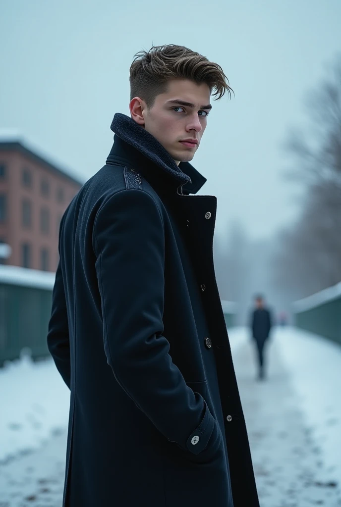 cinematic photo A boy walking in london streets, (snow:1.4), (realistic:1.4) . 35mm photograph, film, bokeh, professional, 4k, highly detailed
