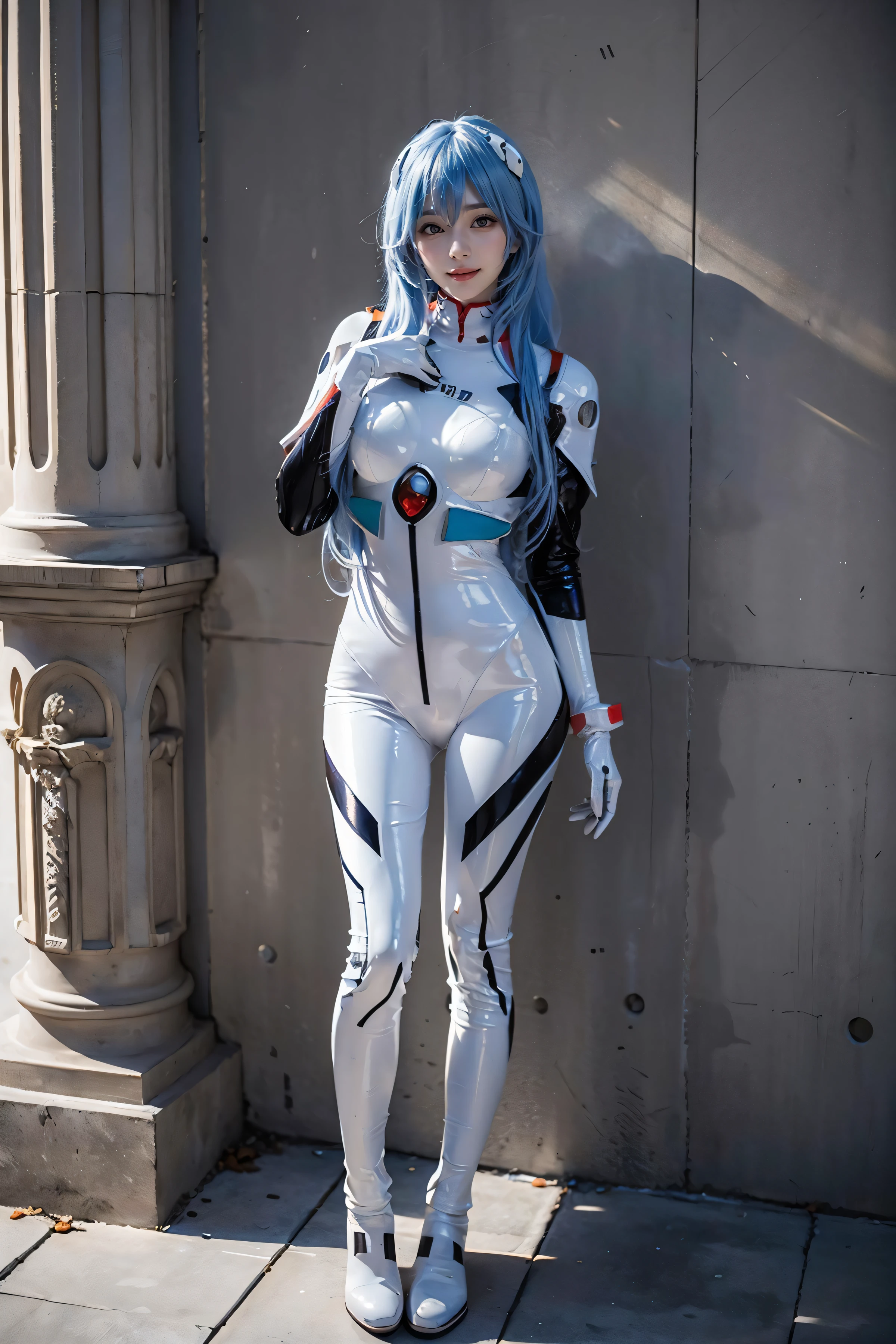 reiayanami, rei ayanami, blue hair, long hair, (red eyes:1.5),
BREAK bodysuit, headgear, plugsuit, white bodysuit,
BREAK outdoors, city,
BREAK looking at viewer, 
BREAK (masterpiece:1.2), best quality, high resolution, unity 8k wallpaper, (illustration:0.8), (beautiful detailed eyes:1.6), extremely detailed face, perfect lighting, extremely detailed CG, (perfect hands, perfect anatomy), ((full body,))
