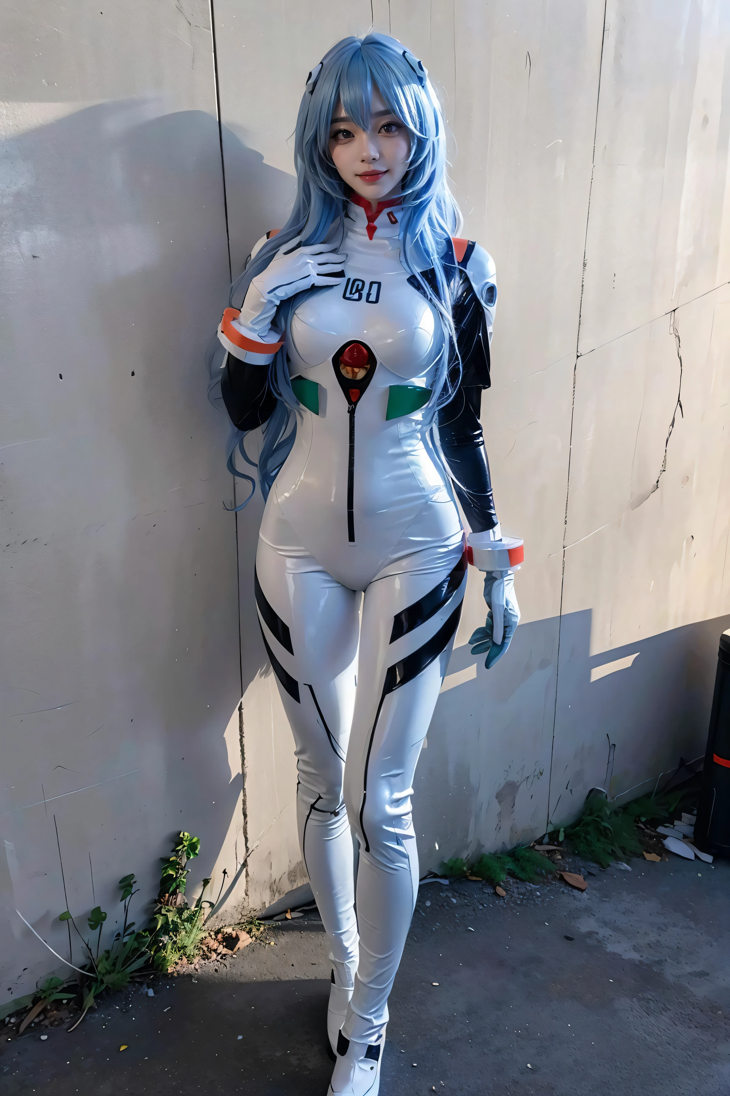 best quality, masterpiece, realistic, (photorealistic:1.4), 1girl, solo, full body, looking at viewer, smile, standing, ayanami cosplay costume, cosplay, long hair, bodysuit, skin tight, hairpods, arms at side, simple background, wall, <lora:ayanami_longhair_plugsuit_cosplay_costume_v1:0.7>