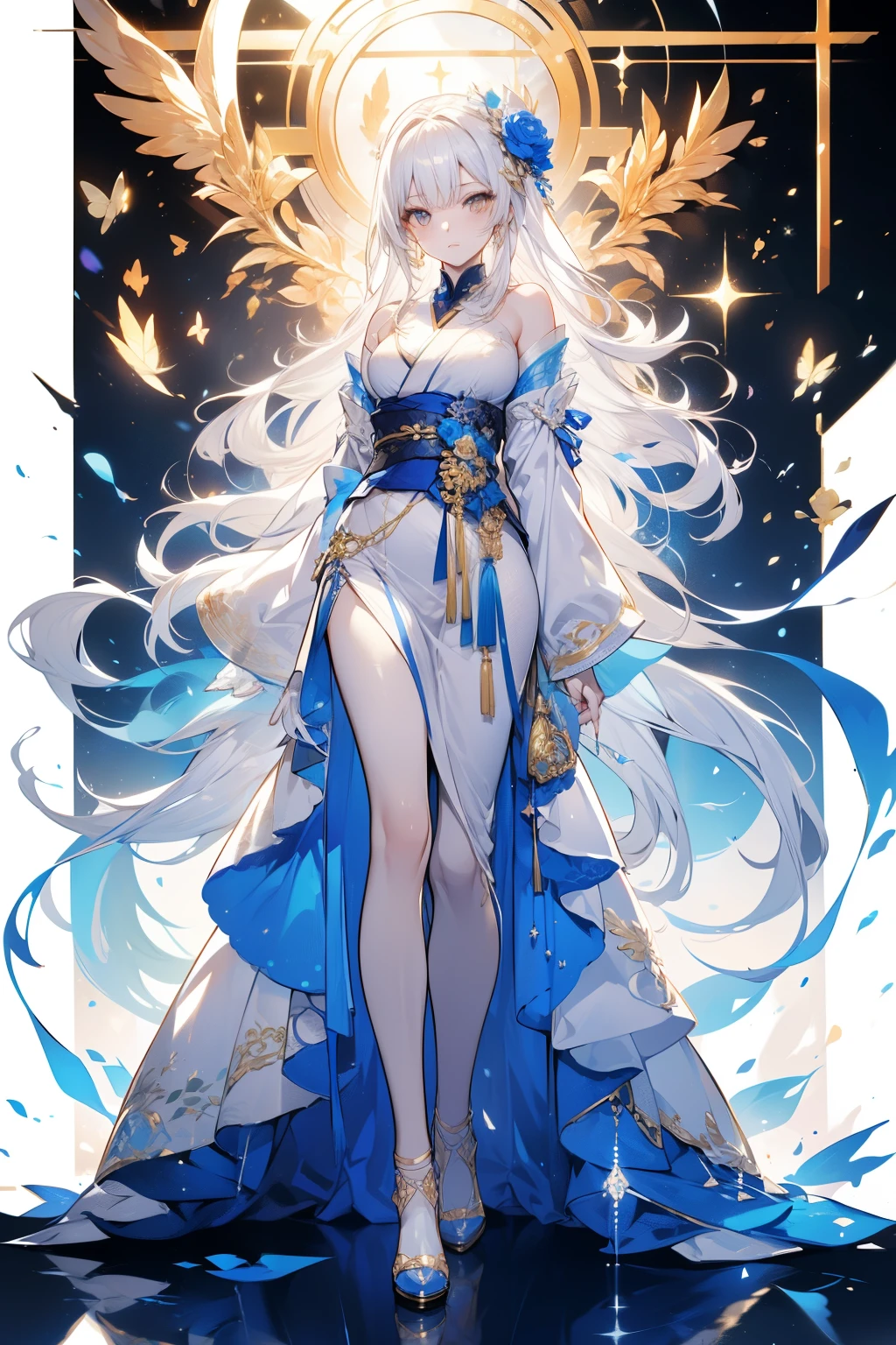 front, golden eyes, character sheet, standing,HD RAWカラーアート , animation,Sculpture, Silver Marble Skin , ((( super delicate and graceful ))), magical atmosphere , Delicate skin, texture ,( Details, 小さな Details, 非常に Detailsな 艺术), Write without crossing the border , Bokeh, Silky Touch, 非常に Detailsな , White background , (), whole body, 美しい golden eyes, graceful look , think , magic
long hair , Kirito , big breasted with a cross eye (d), white hair,Japanese style, high heels, Blue Rose Accessory,