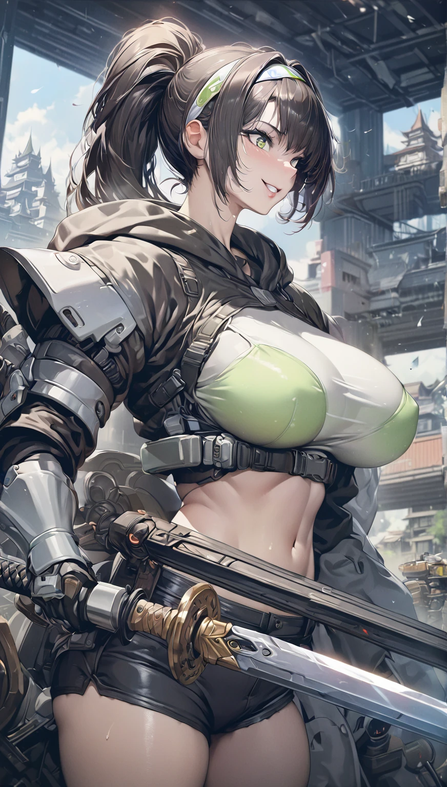 (masterpiece:1.2),(best quality:1.2),(masterpiece, best quality, ultra-high resolution), Tomboy girl, contemporary steampunk robotic arm, short tousled hair, intense eyes, tanned skin with gear and pipe detailing, steampunk functional clothing.