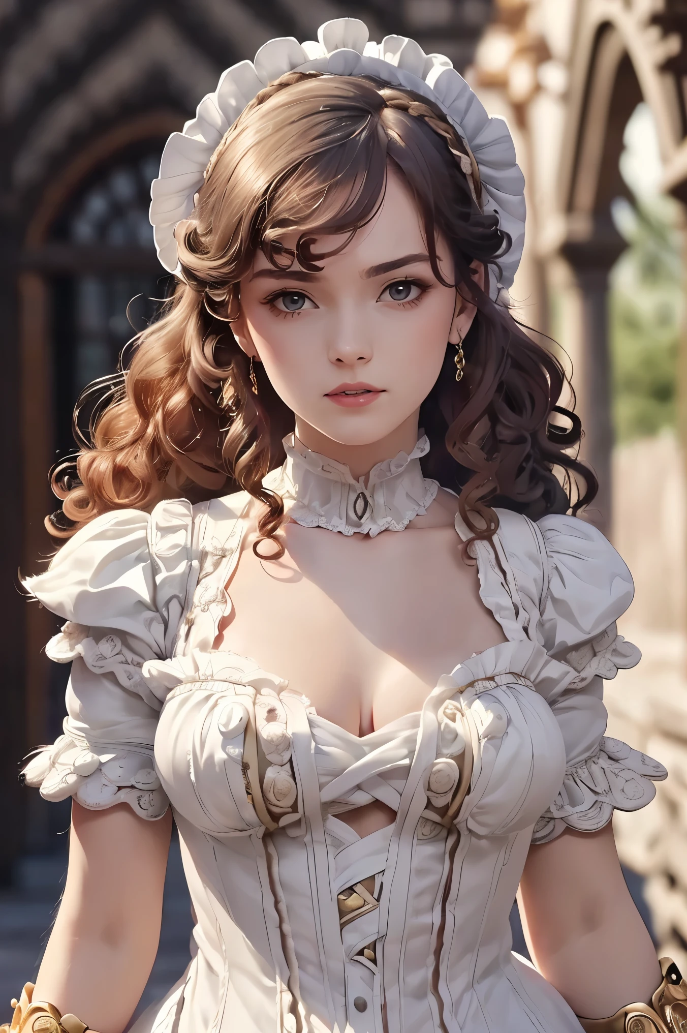 masterpiece, Highly detailed, super realistic,detailed background, bright Lighting, Daylight, 4k, 8k.
beautiful face, beautiful eyes, medieval style,  solo,
( girl:1.5) , (long curly brown hair style:1.5),
wearing ((White Victorian dress:1.5)) and (Golden bracelet), (elegant),
 (slender:1.5), (pretty face), (loli),(small breasts),
(standing),(full body),(Dynamic Angle), (Dynamic Pose),
